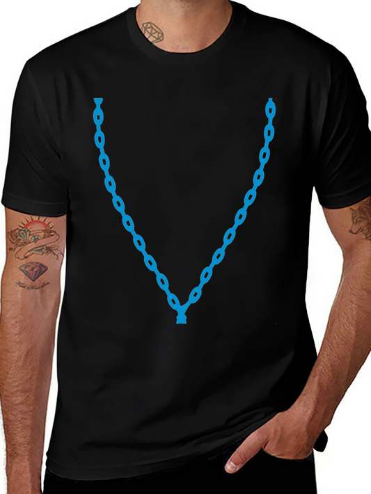 Mens Black T-Shirt with Blue Chain Necklace Design