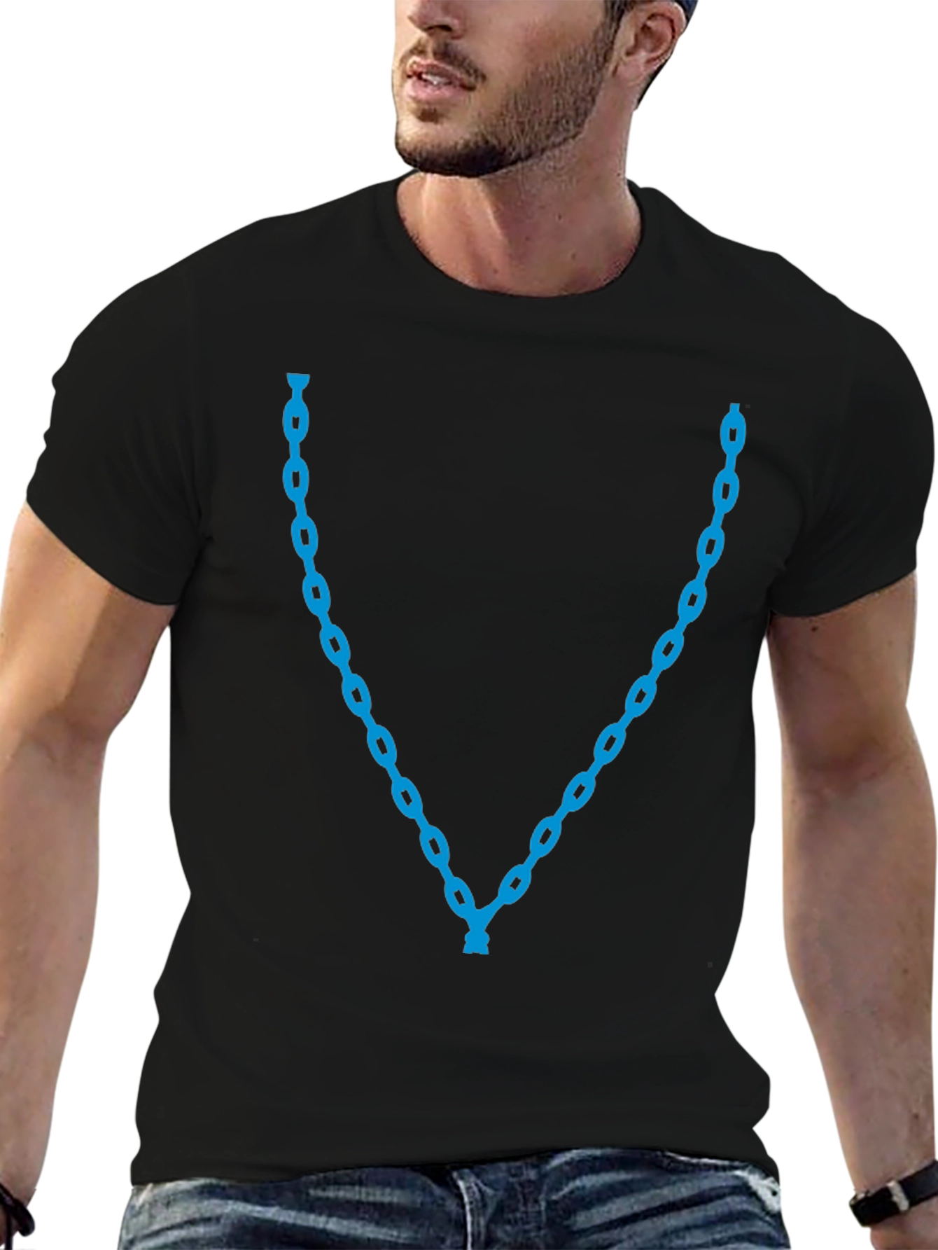 Mens Black T-Shirt with Blue Chain Necklace Design