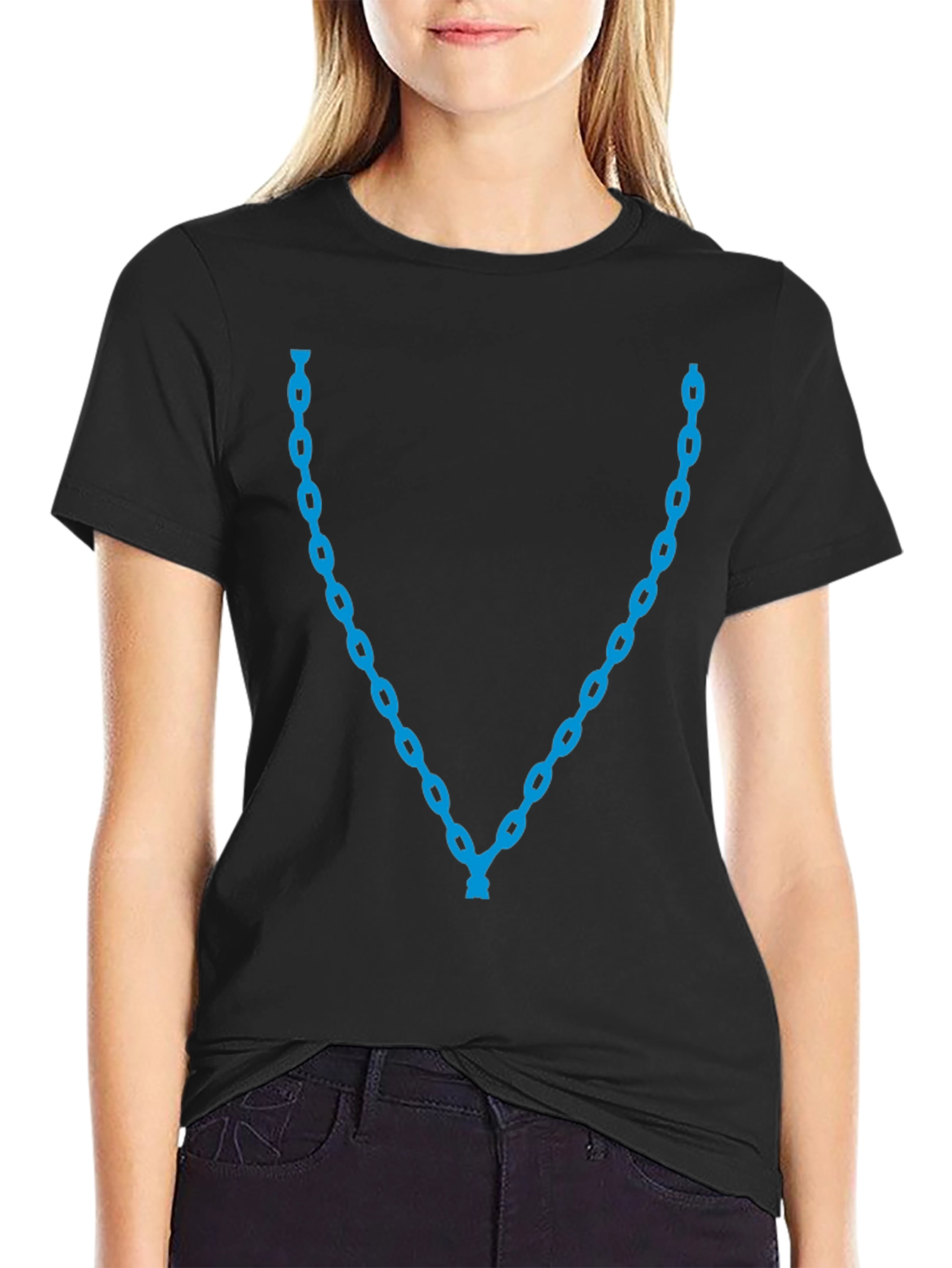 Mens Black T-Shirt with Blue Chain Necklace Design