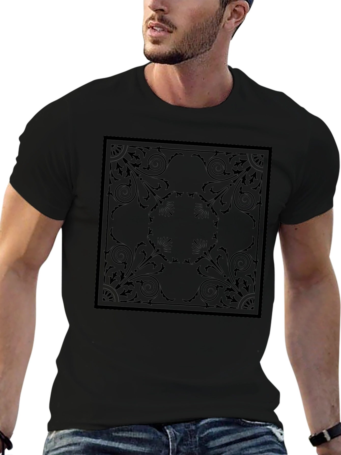Elegant Black T-Shirt with Ornamental Square Design