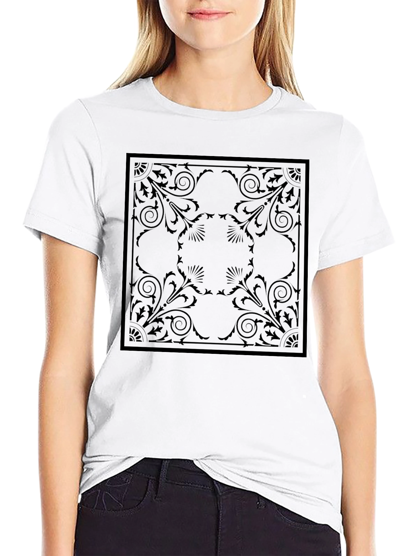 Elegant Black T-Shirt with Ornamental Square Design