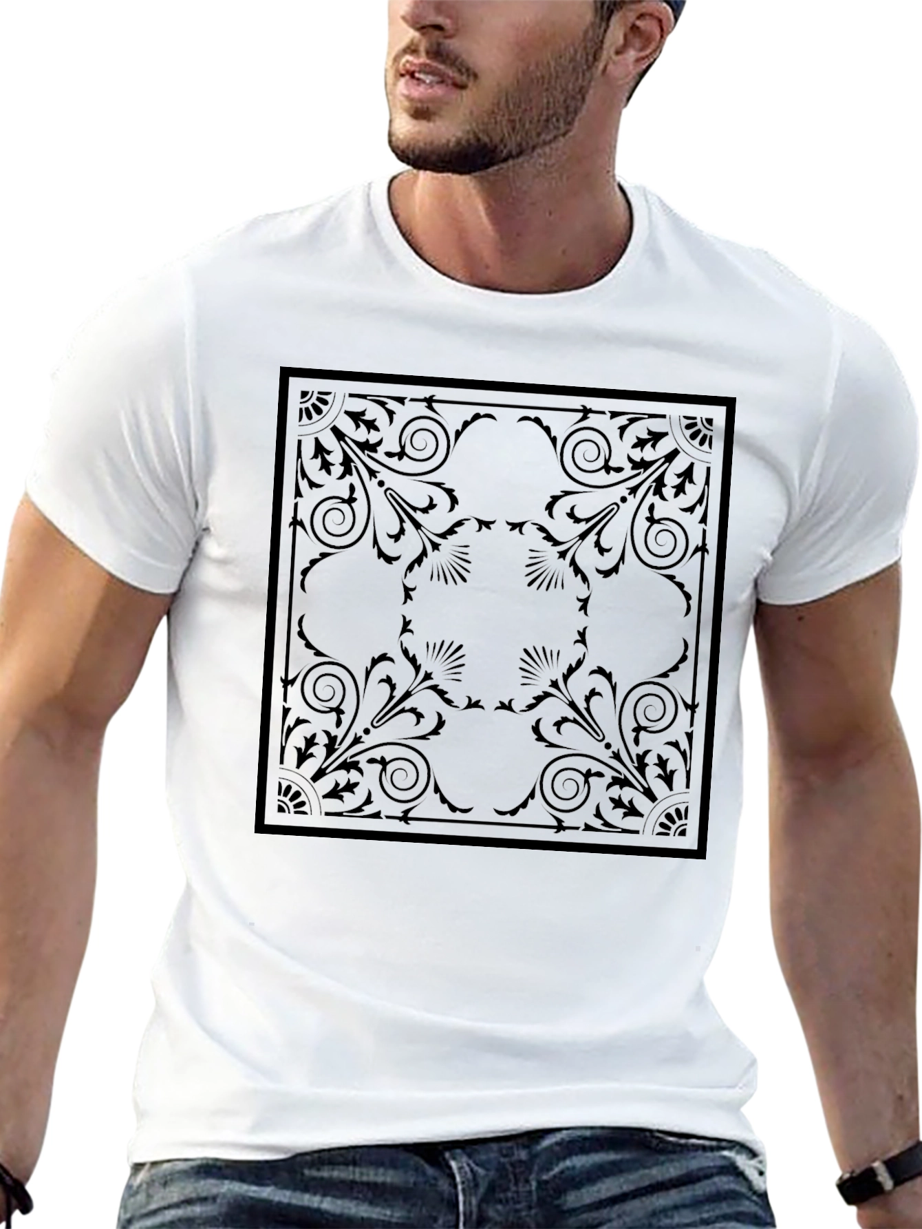 Elegant Black T-Shirt with Ornamental Square Design