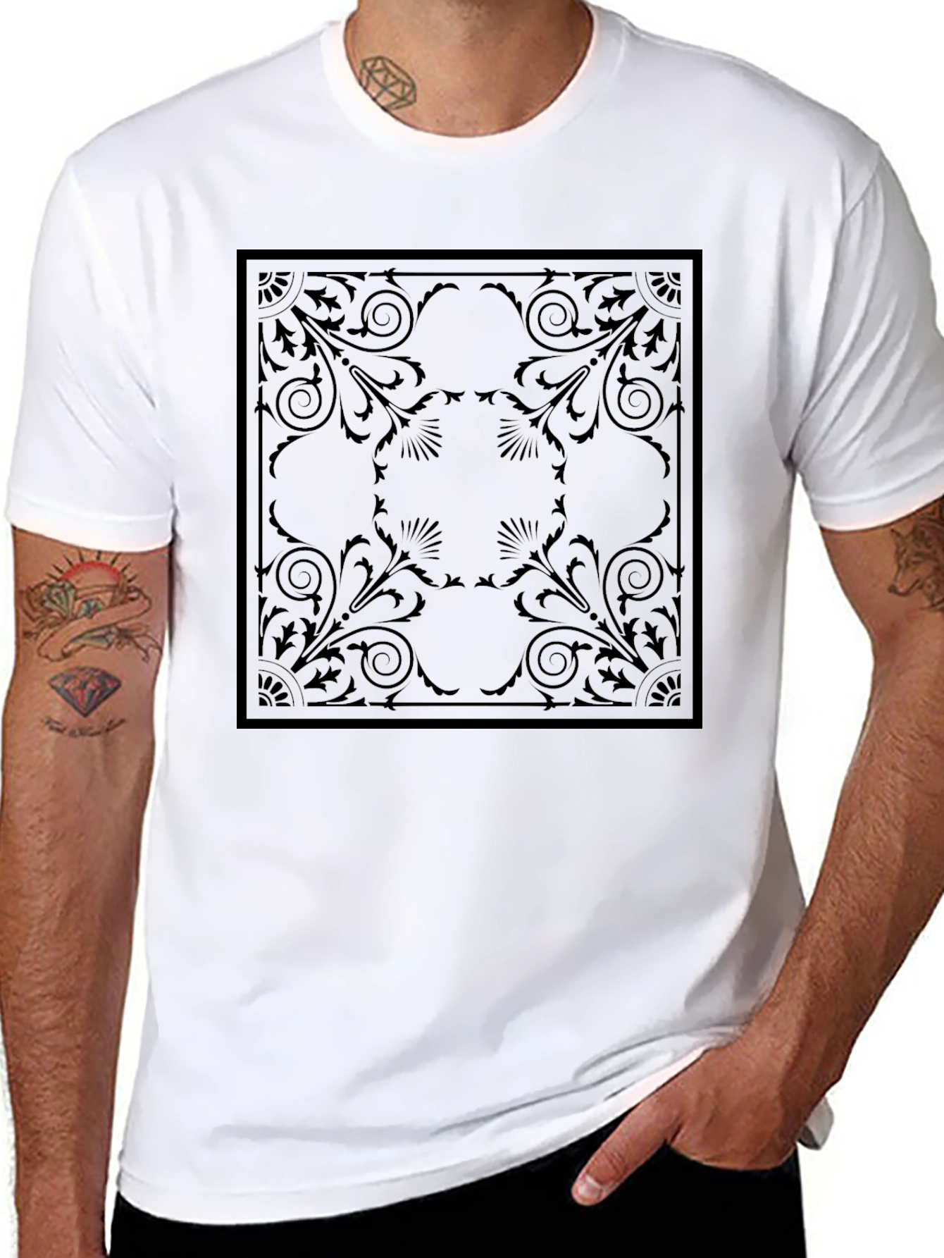 Elegant Black T-Shirt with Ornamental Square Design