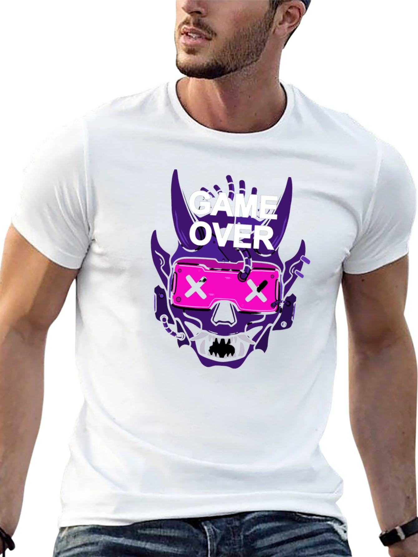 Game Over Oni Skull Cyberpunk T-Shirt