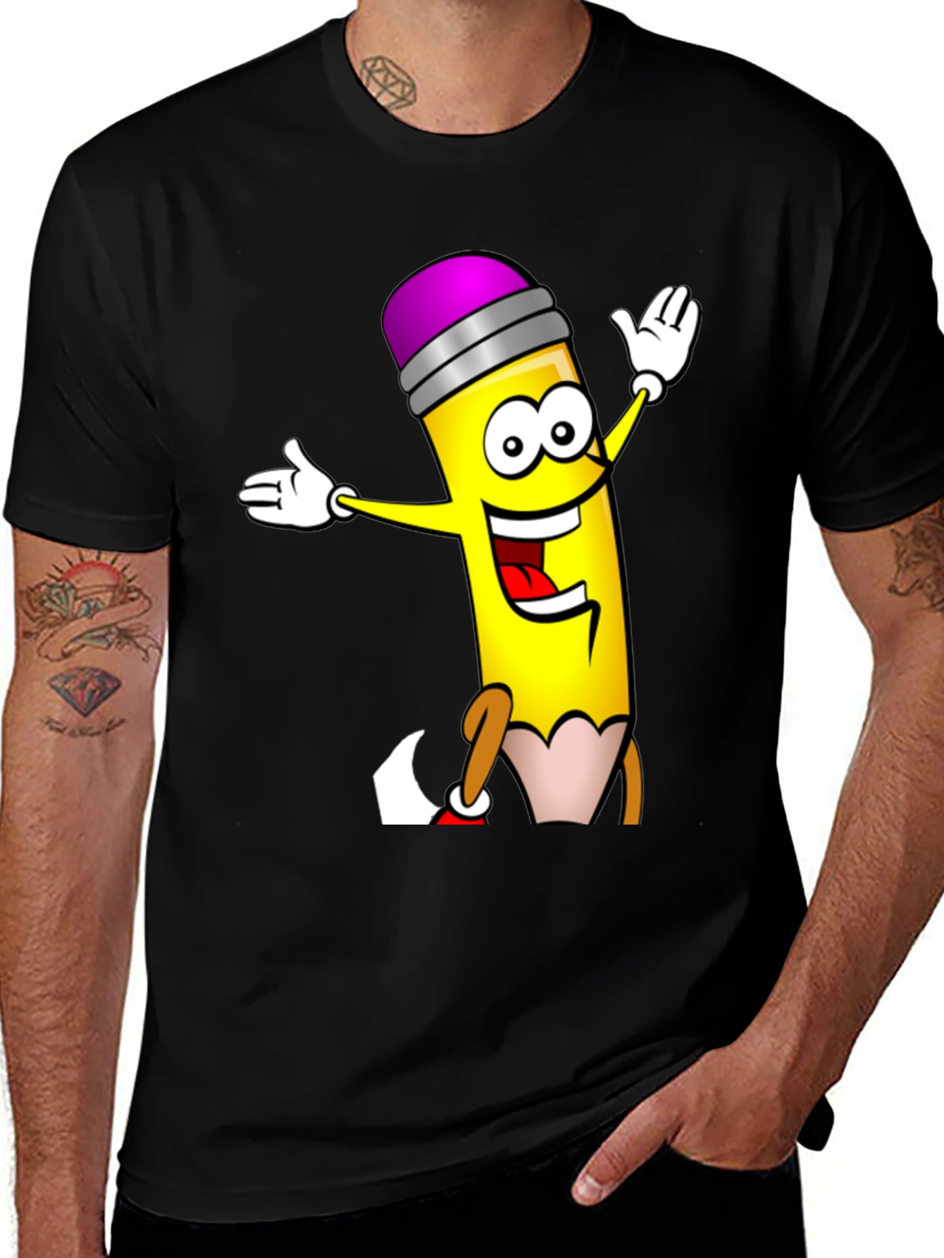Cartoon Pencil T-Shirt - Black Cotton Graphic Tee