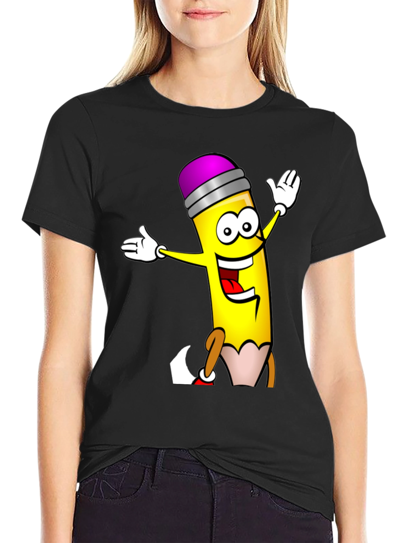 Cartoon Pencil T-Shirt - Black Cotton Graphic Tee