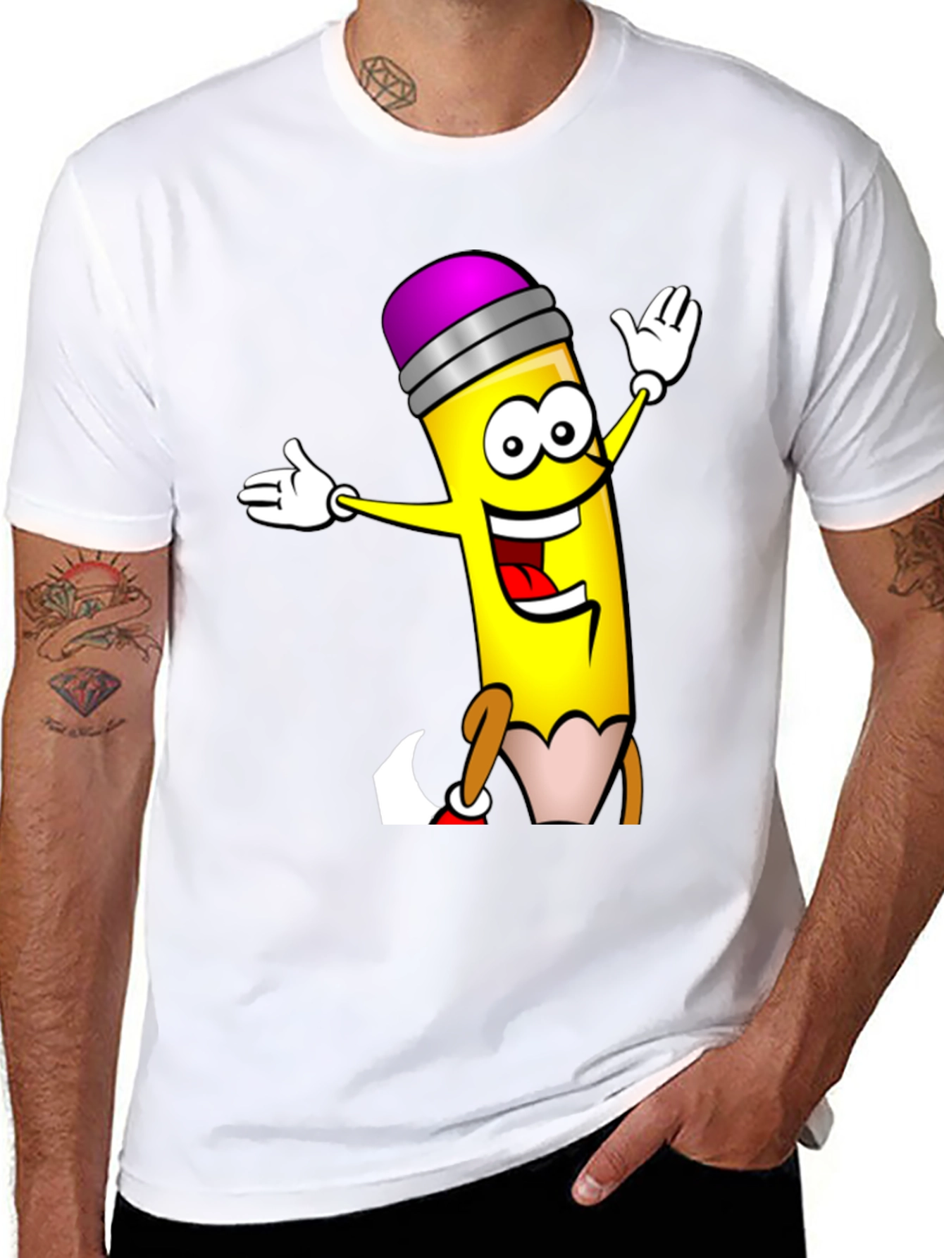 Cartoon Pencil T-Shirt - Black Cotton Graphic Tee