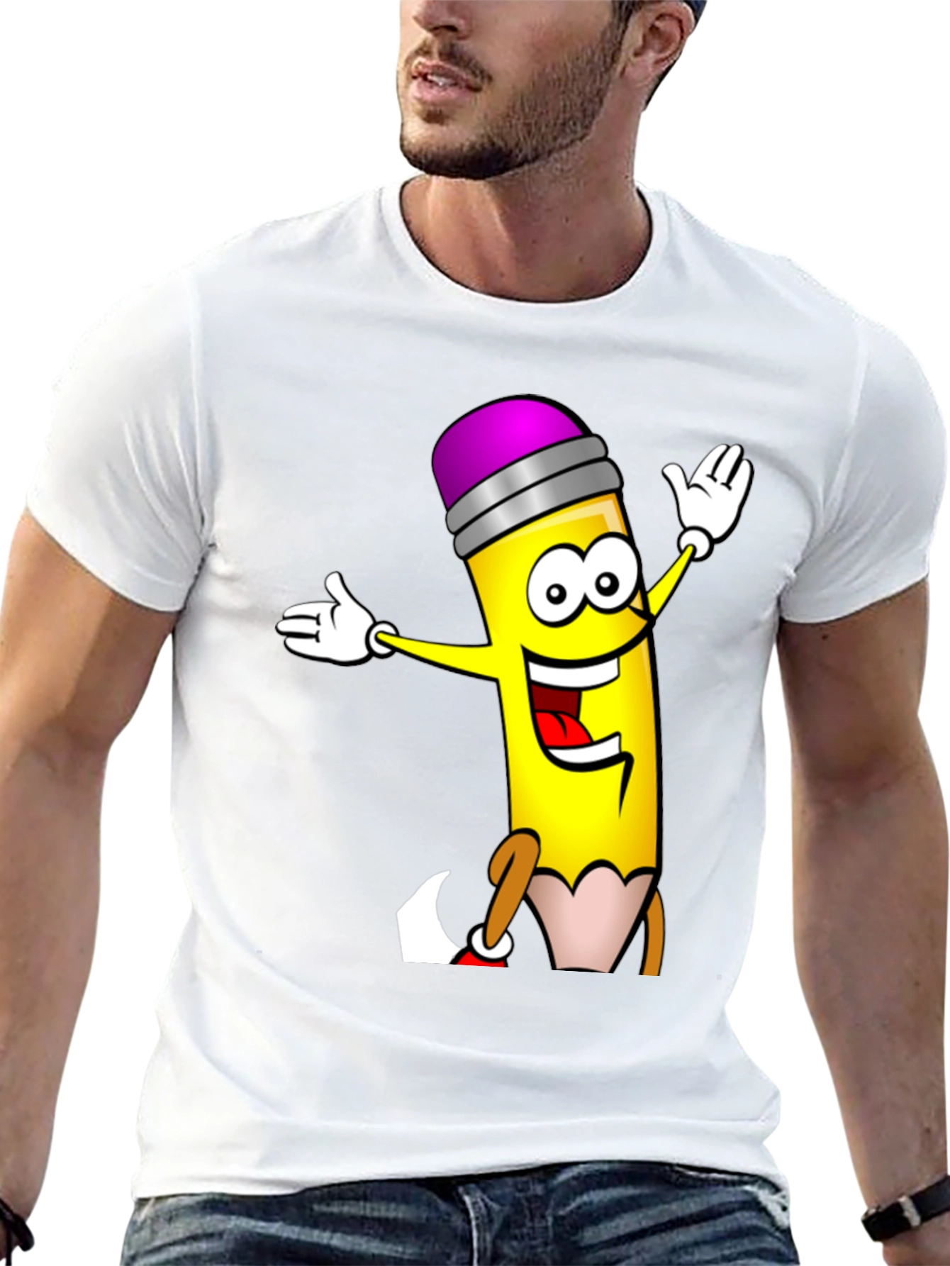 Cartoon Pencil T-Shirt - Black Cotton Graphic Tee