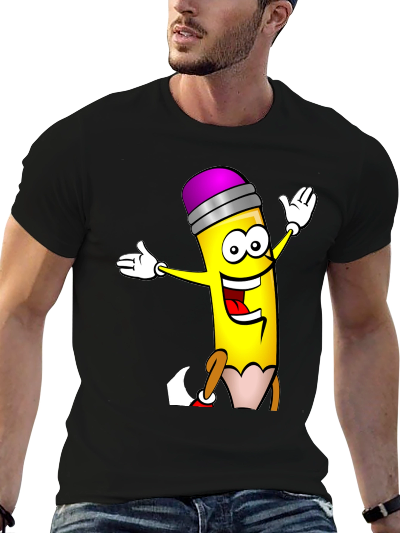 Cartoon Pencil T-Shirt - Black Cotton Graphic Tee