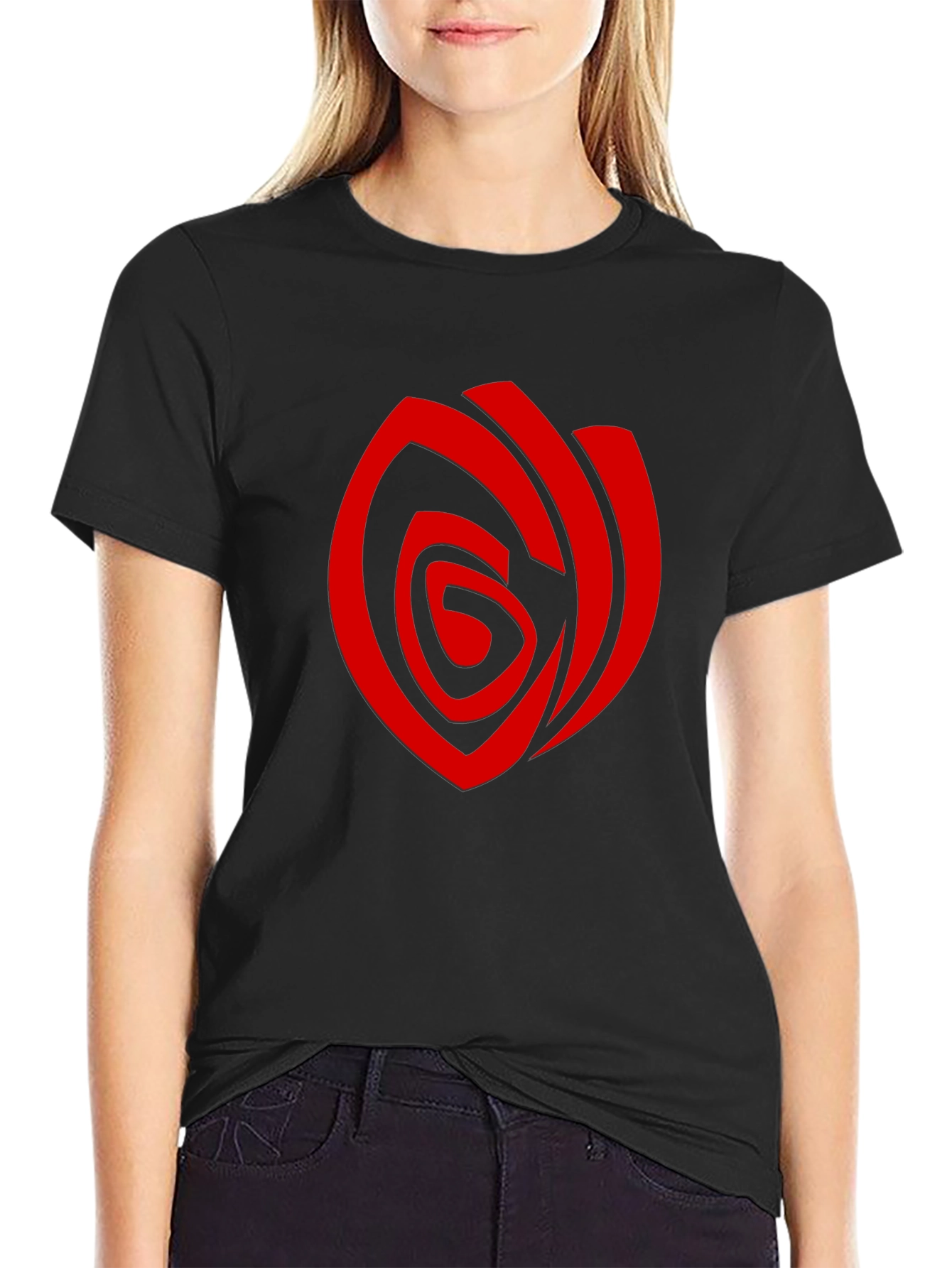 Mens Black T-Shirt with Red Abstract Rose Graphic