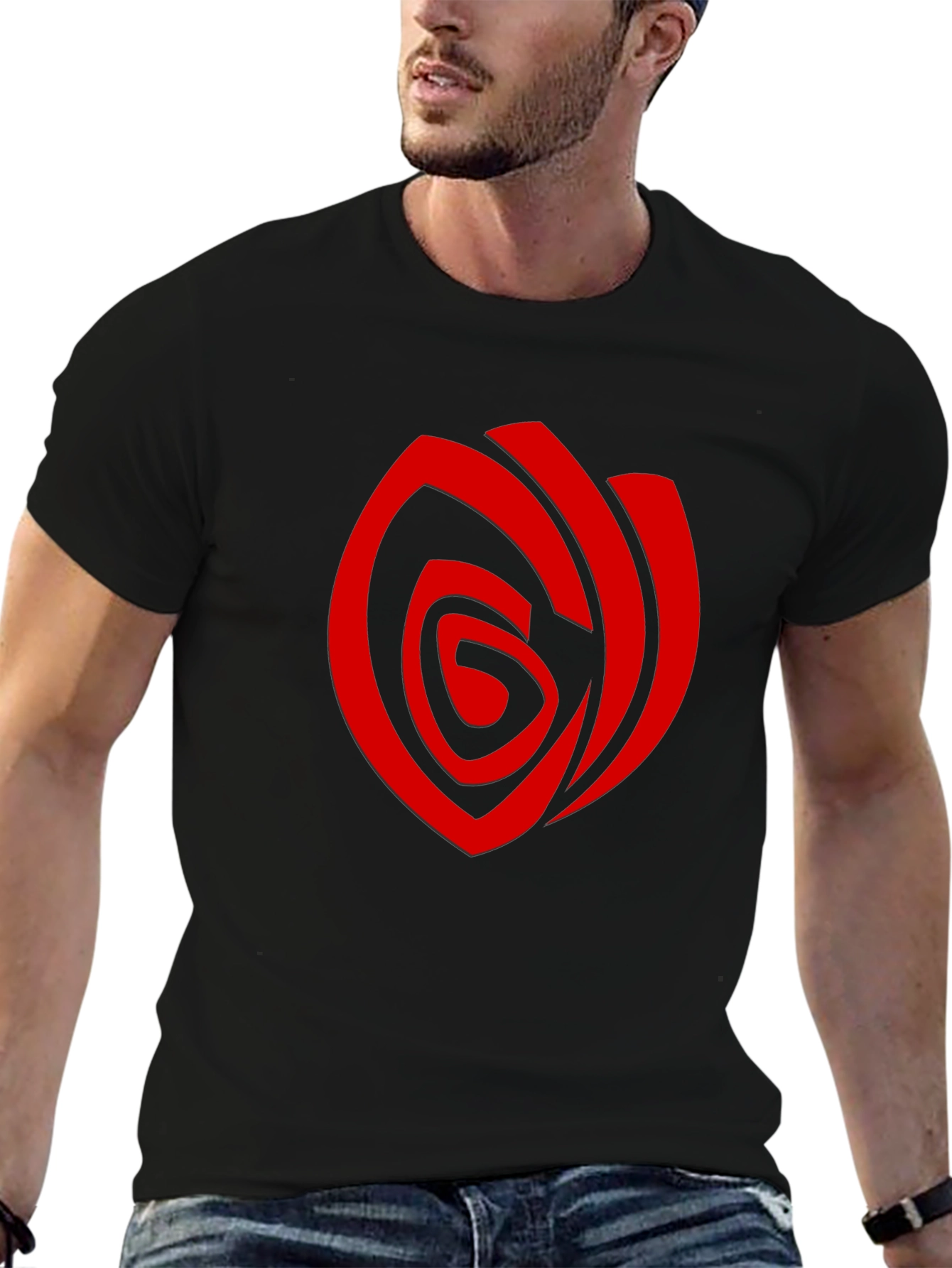 Mens Black T-Shirt with Red Abstract Rose Graphic
