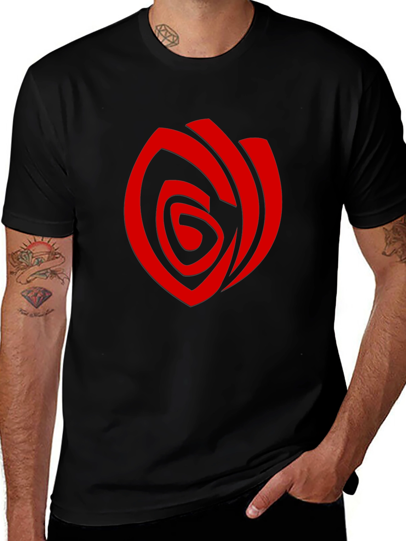 Mens Black T-Shirt with Red Abstract Rose Graphic