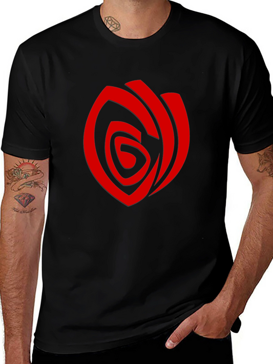 Mens Black T-Shirt with Red Abstract Rose Graphic