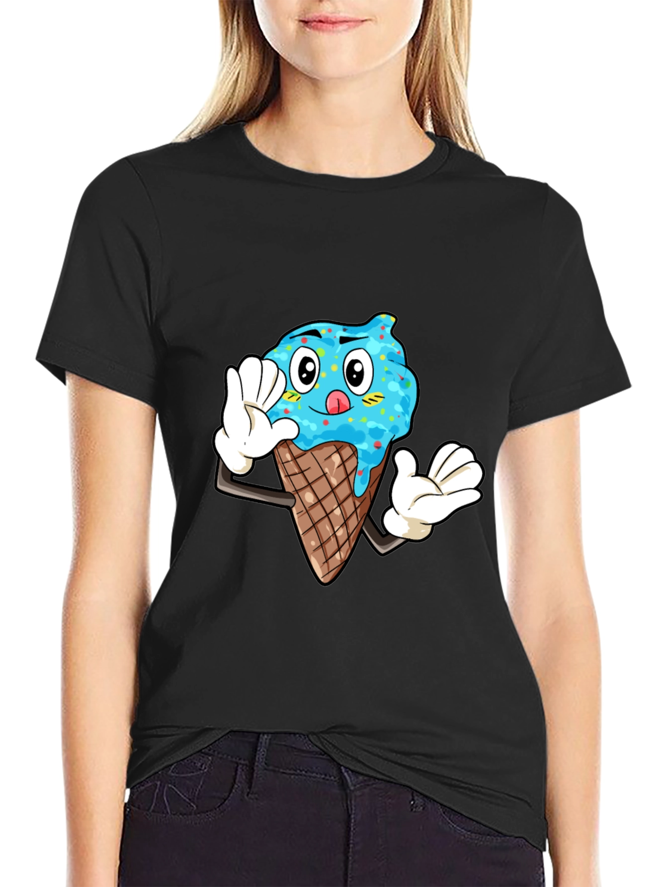 Ice Cream Cartoon Graphic Tee - Black Cotton T-Shirt
