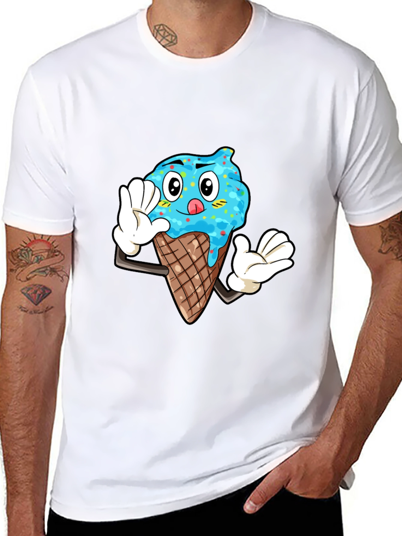 Ice Cream Cartoon Graphic Tee - Black Cotton T-Shirt
