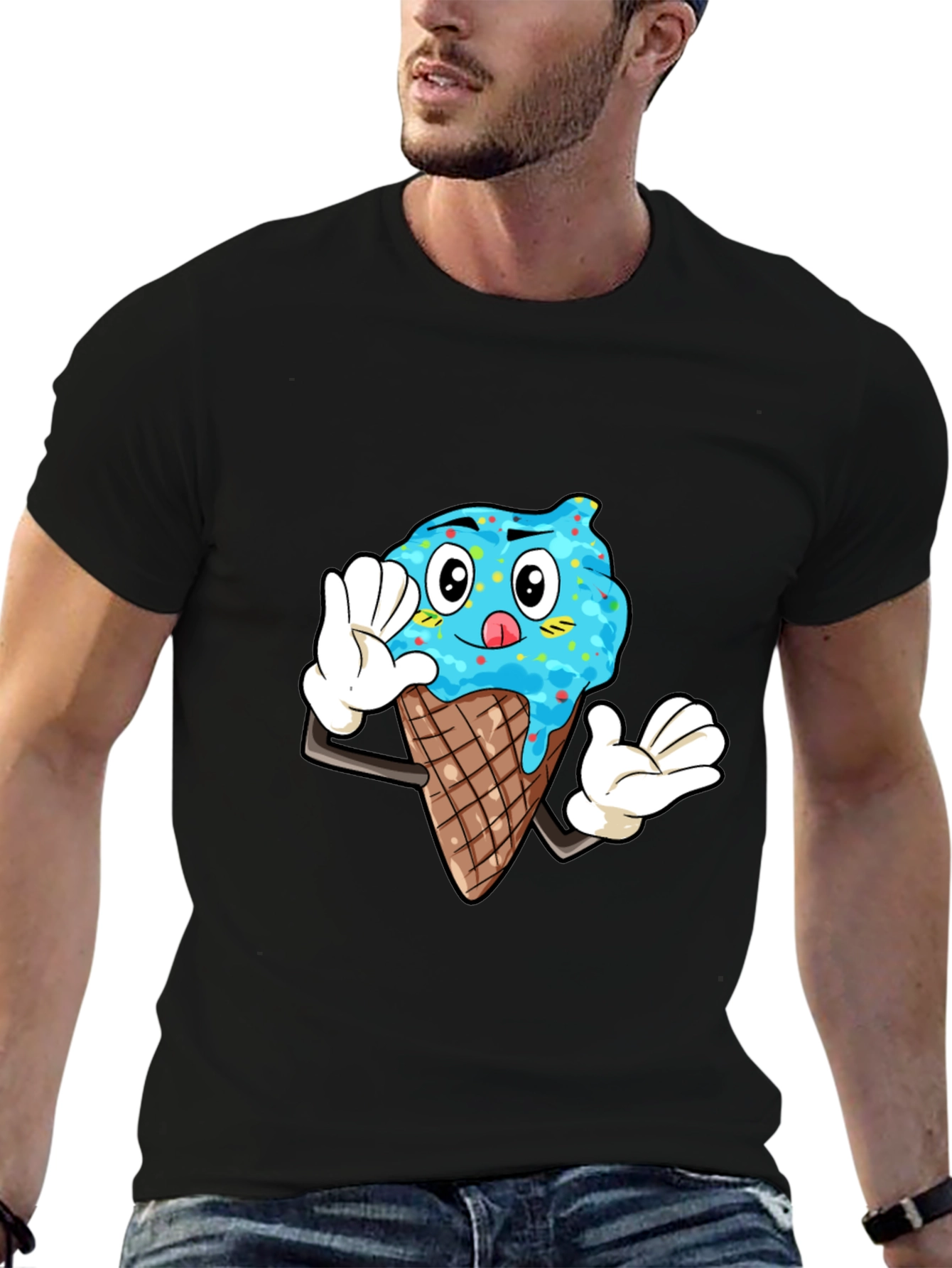 Ice Cream Cartoon Graphic Tee - Black Cotton T-Shirt