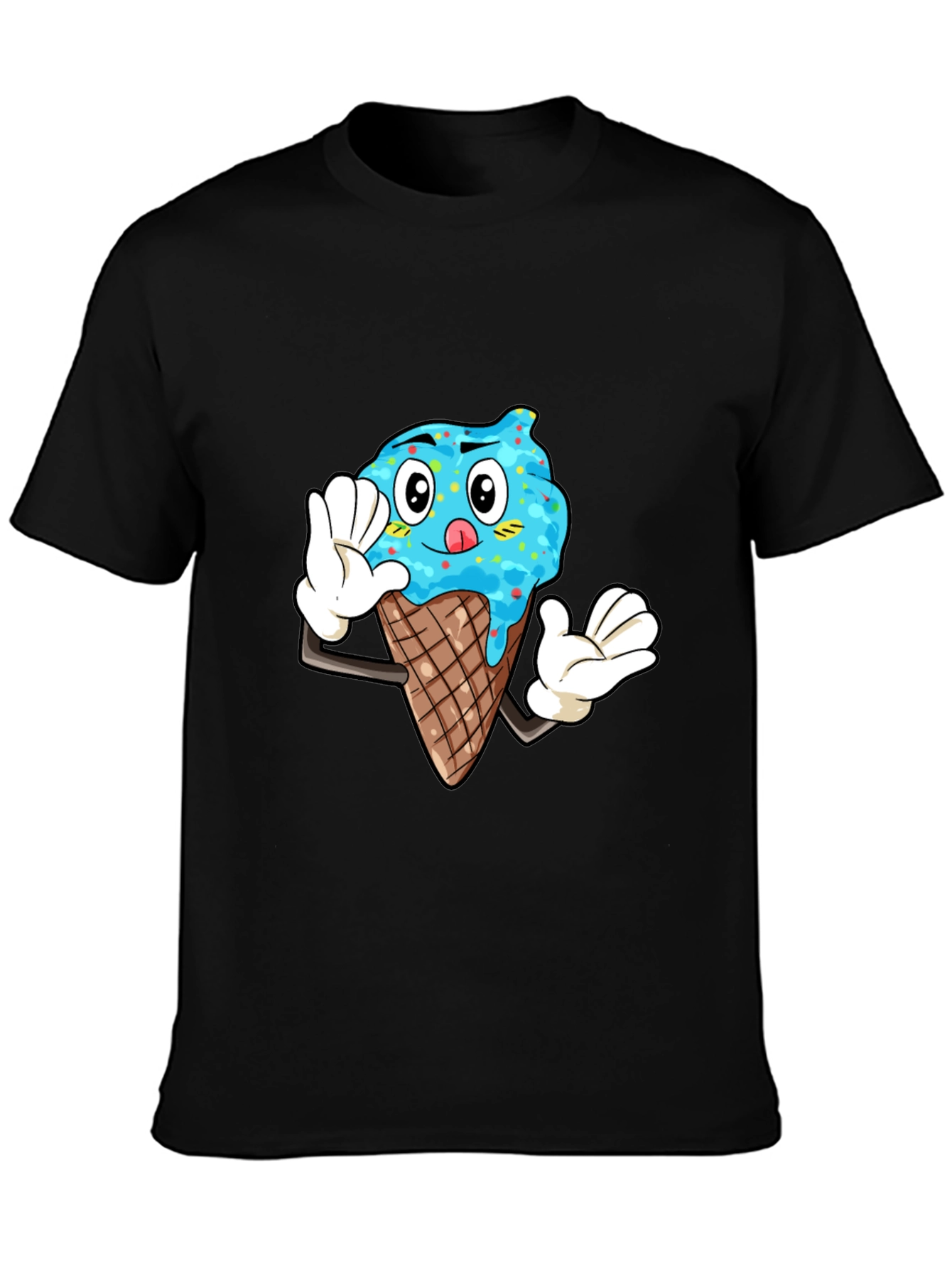 Ice Cream Cartoon Graphic Tee - Black Cotton T-Shirt