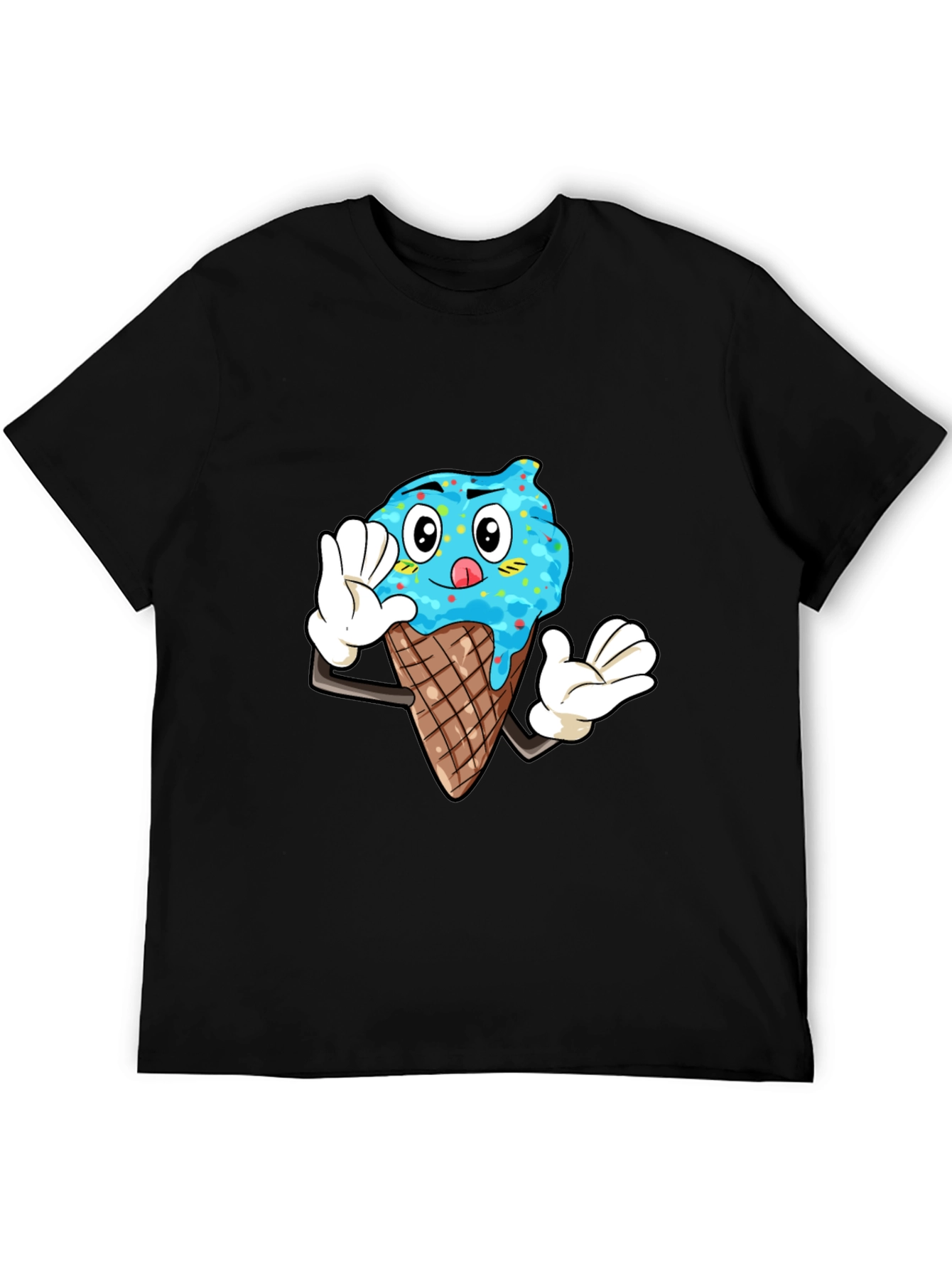 Ice Cream Cartoon Graphic Tee - Black Cotton T-Shirt