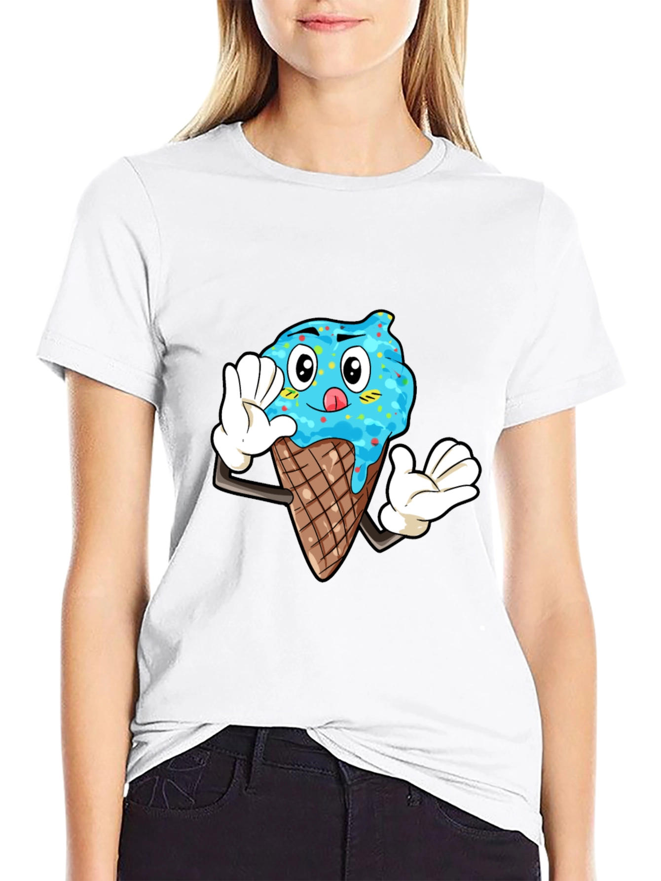Ice Cream Cartoon Graphic Tee - Black Cotton T-Shirt