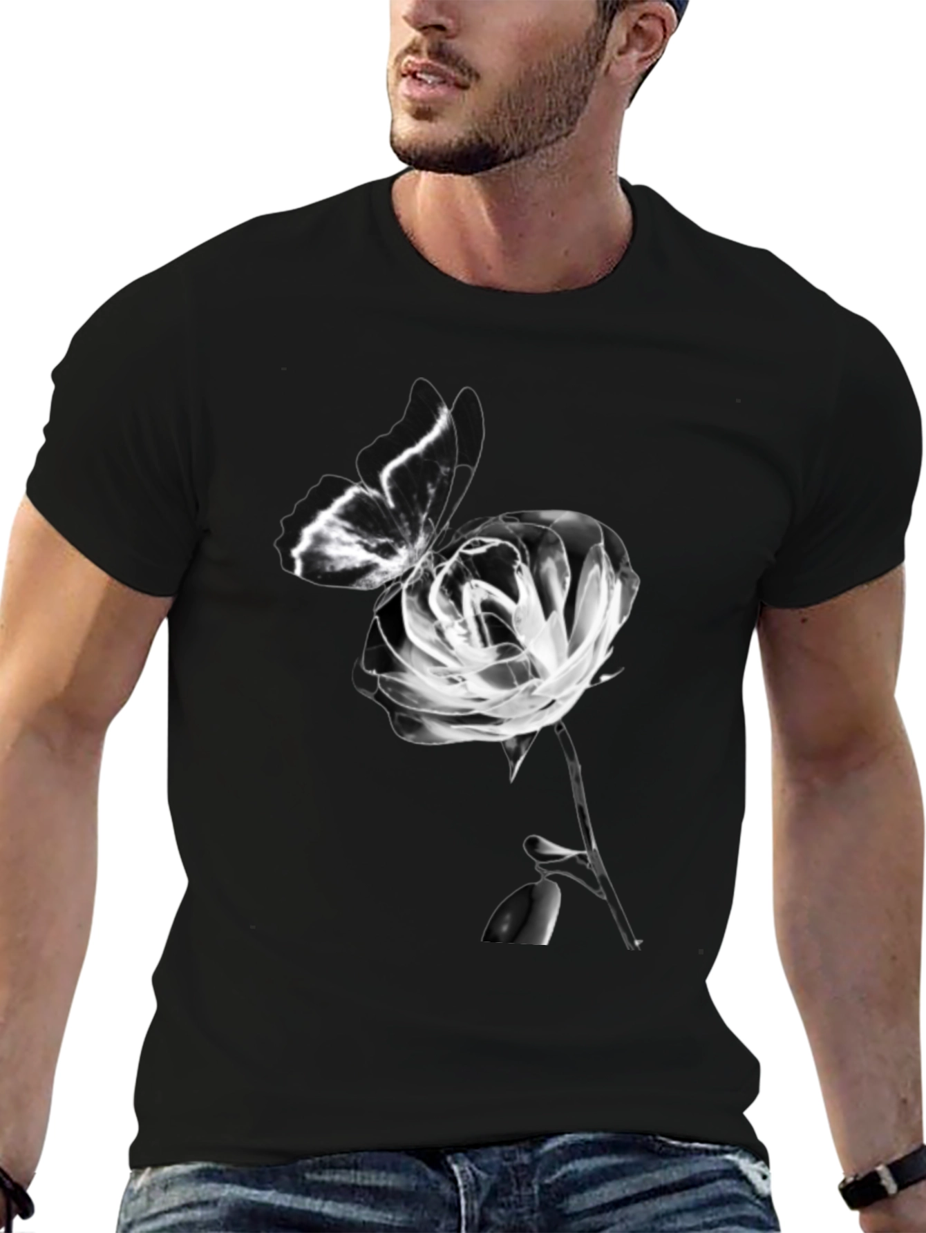 Butterfly & Rose Graphic Black T-Shirt