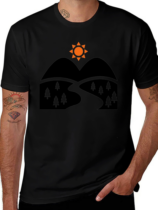 Mountains & Sun Graphic Tee - Black Cotton Casual Shirt