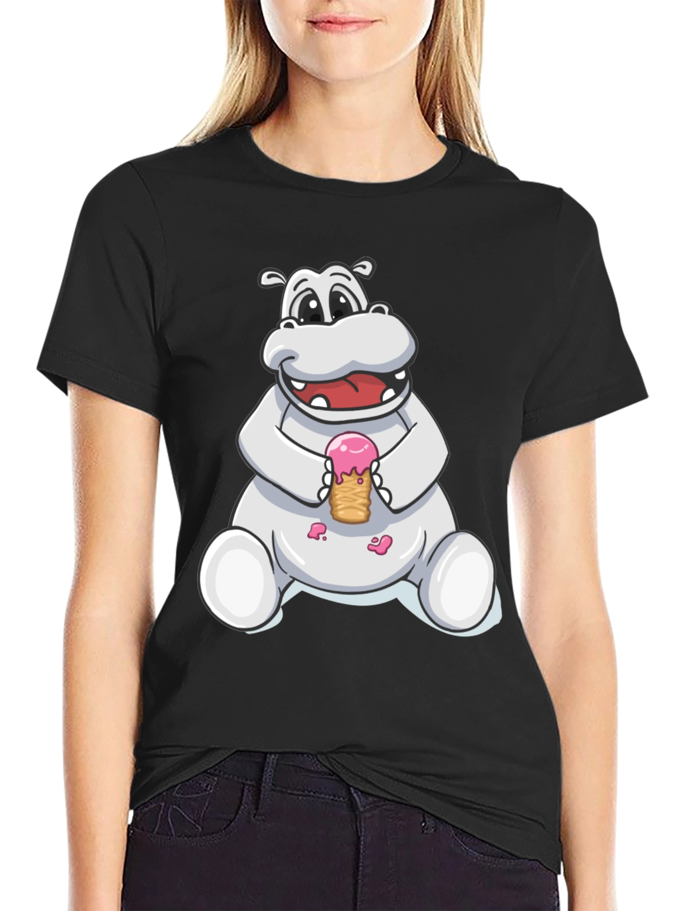 Hippo Ice Cream Graphic Tee - Black Cotton T-Shirt