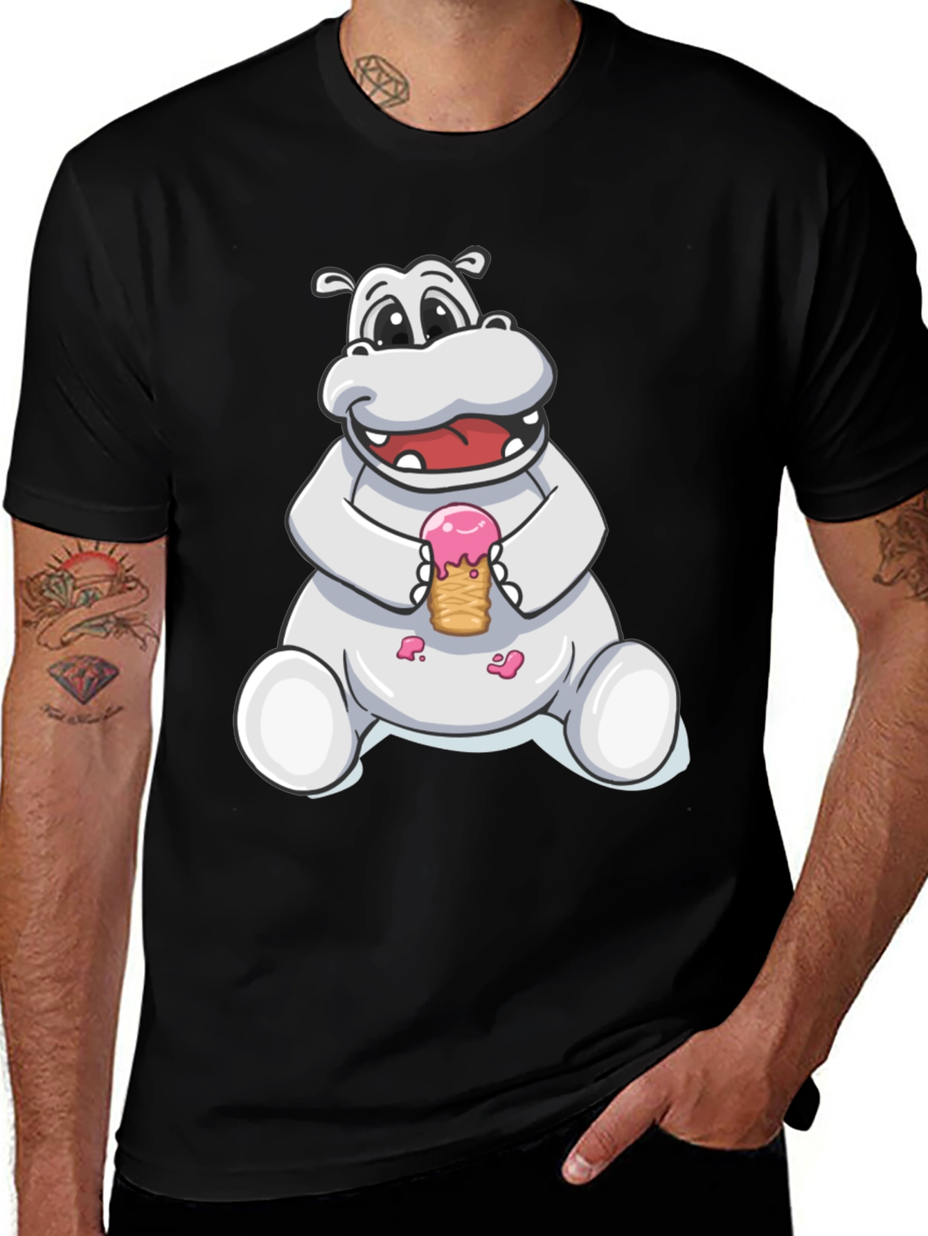 Hippo Ice Cream Graphic Tee - Black Cotton T-Shirt