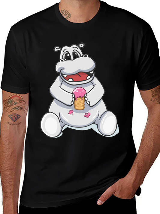 Hippo Ice Cream Graphic Tee - Black Cotton T-Shirt