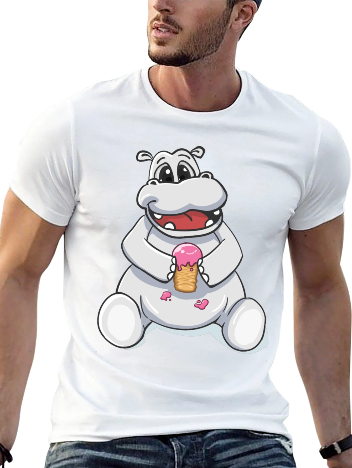 Hippo Ice Cream Graphic Tee - Black Cotton T-Shirt