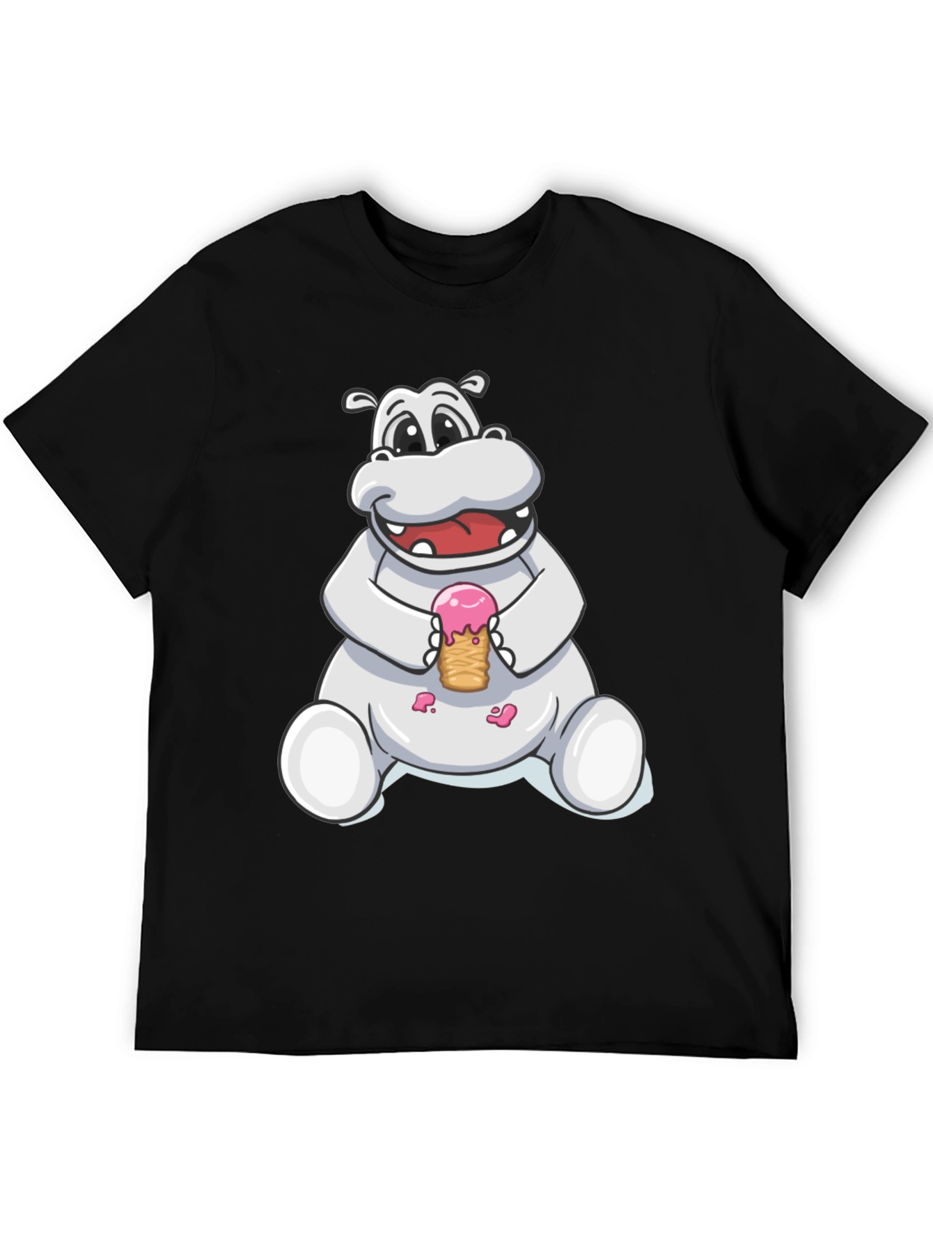 Hippo Ice Cream Graphic Tee - Black Cotton T-Shirt