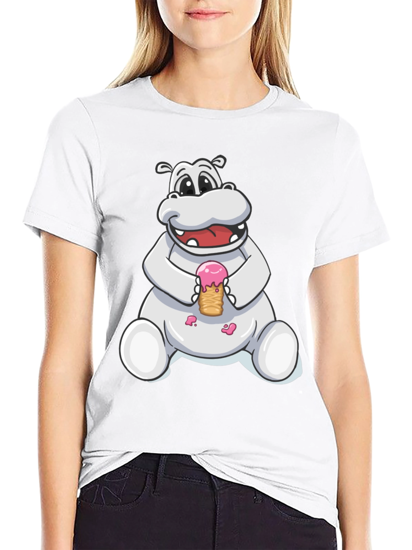 Hippo Ice Cream Graphic Tee - Black Cotton T-Shirt