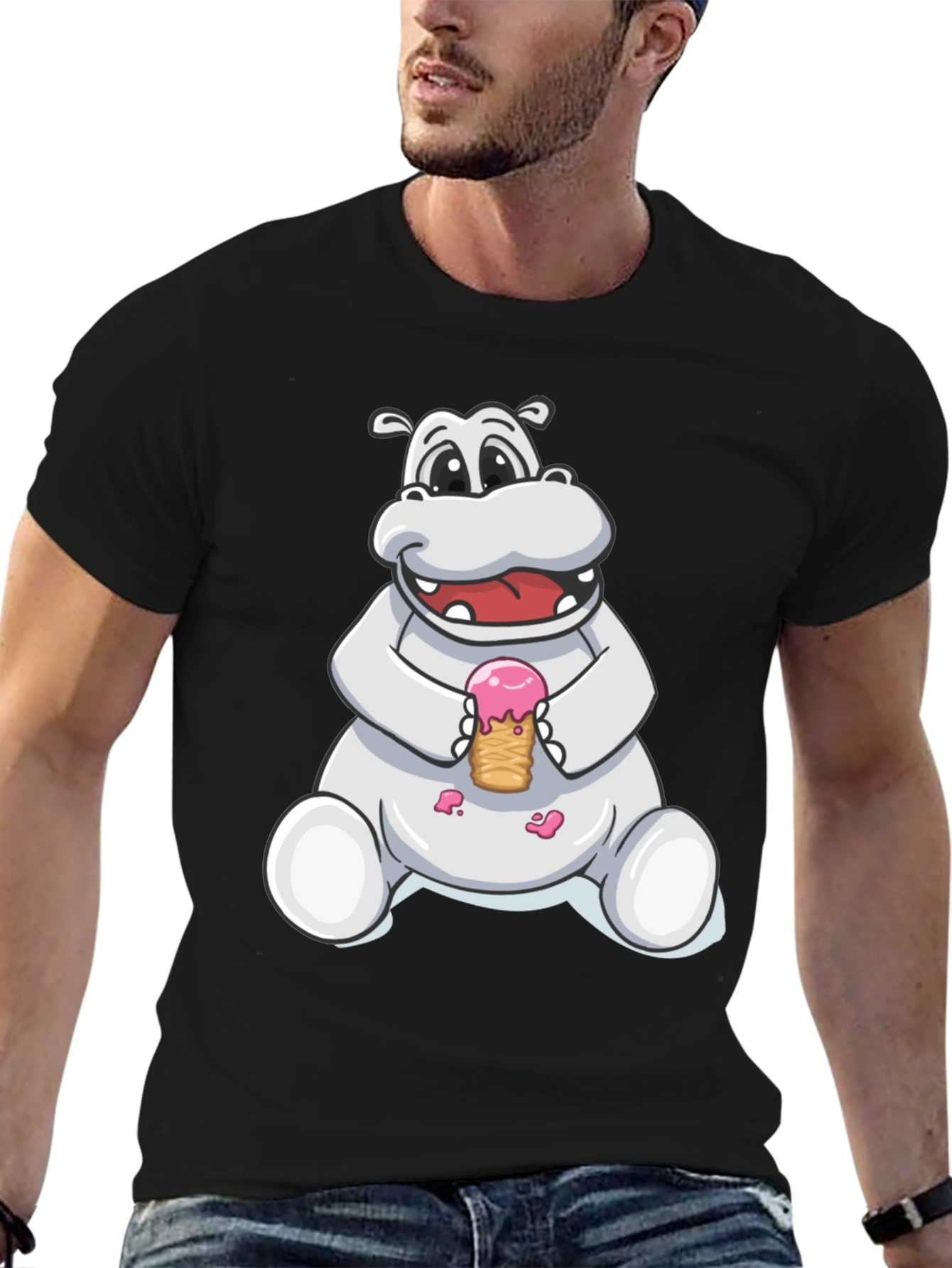 Hippo Ice Cream Graphic Tee - Black Cotton T-Shirt