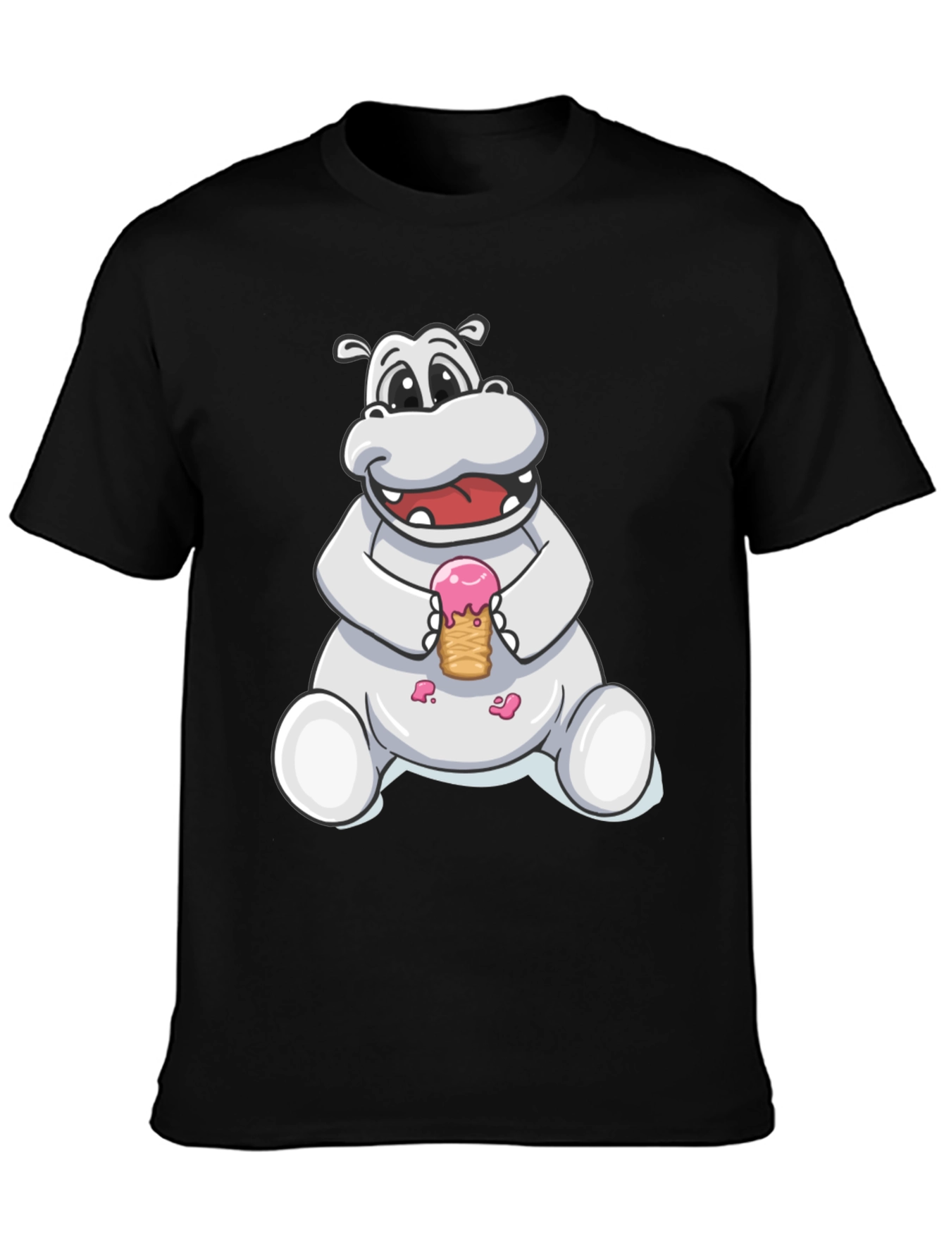 Hippo Ice Cream Graphic Tee - Black Cotton T-Shirt