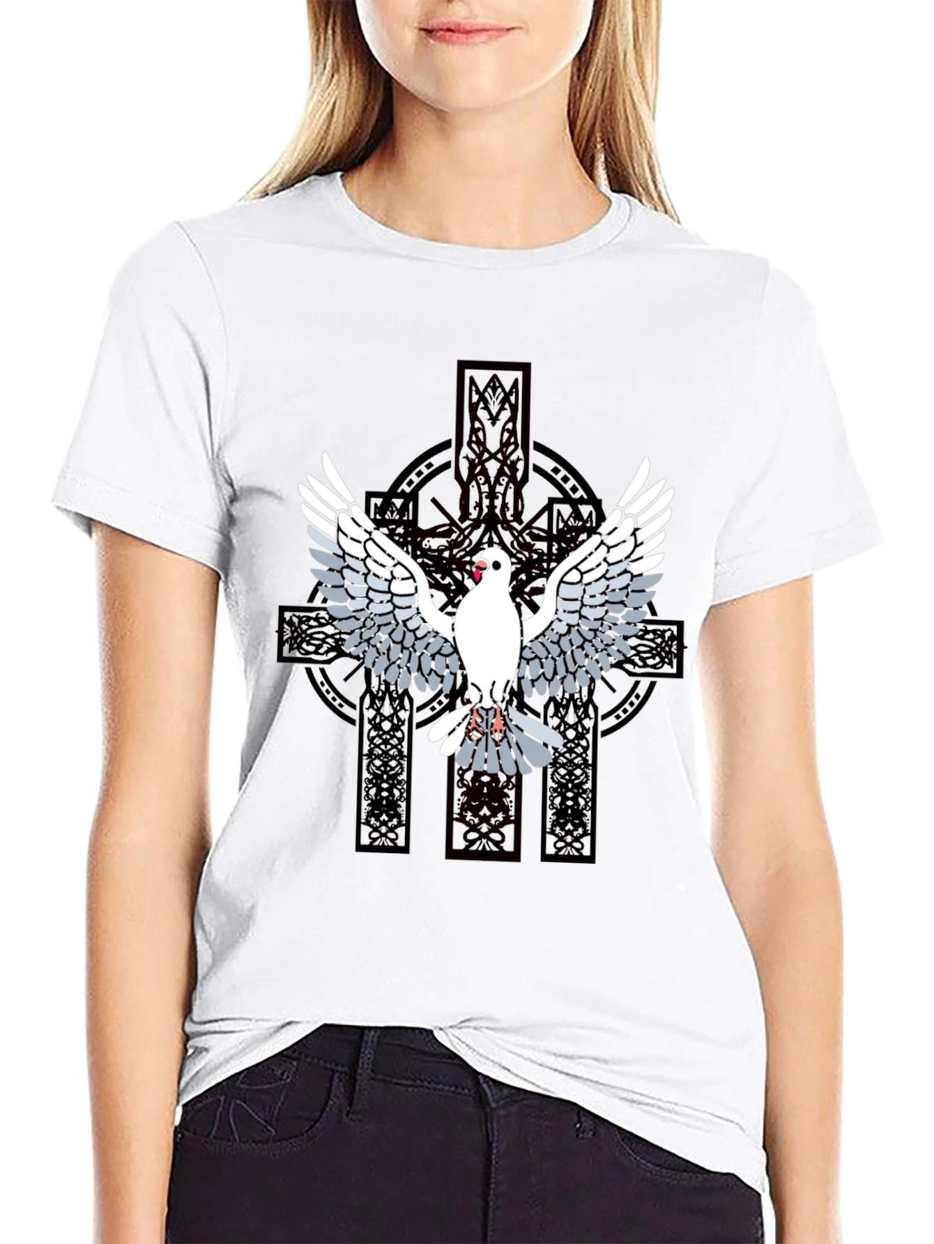 Dove & Celtic Cross Graphic T-Shirt