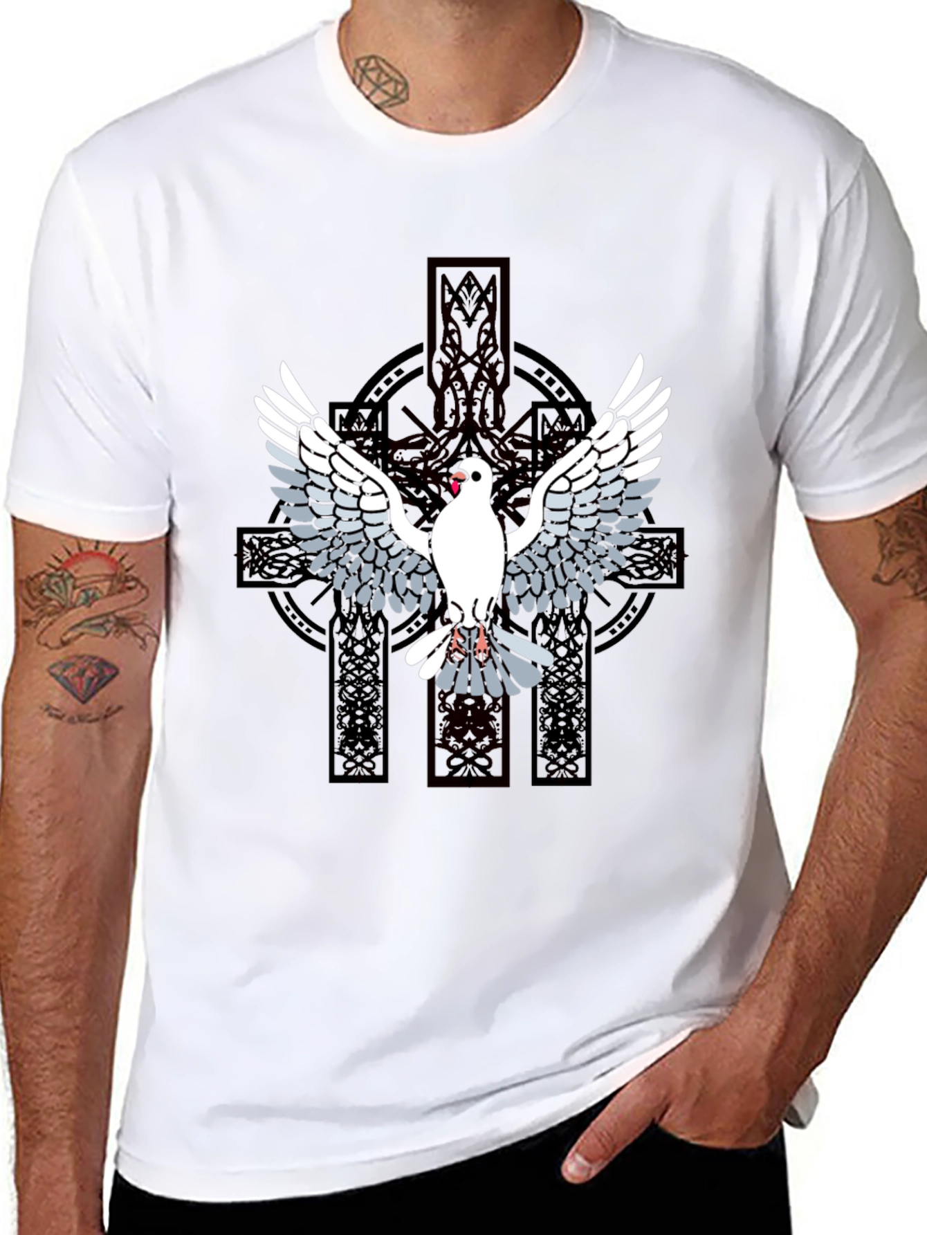 Dove & Celtic Cross Graphic T-Shirt