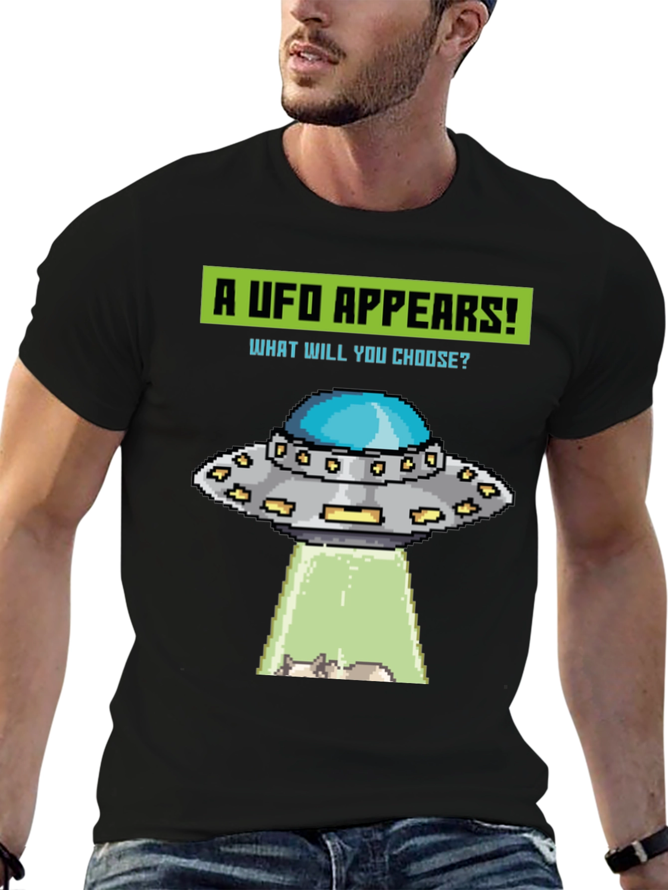 UFO Abduction Pixel Art Graphic T-Shirt