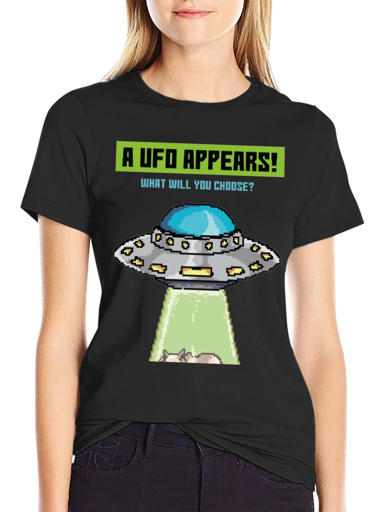UFO Abduction Pixel Art Graphic T-Shirt