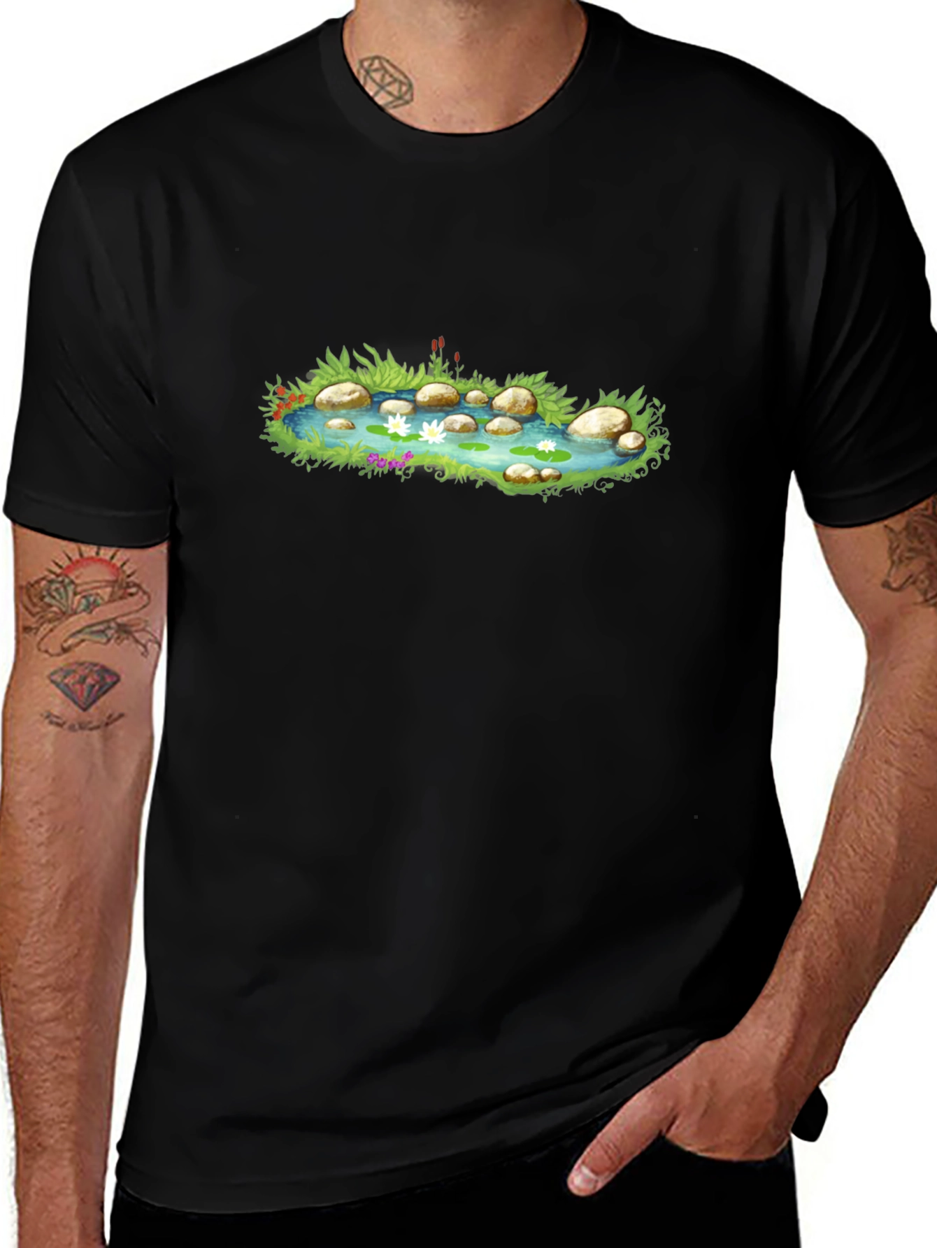 Pond Scene Graphic Tee - Black Cotton Blend T-Shirt