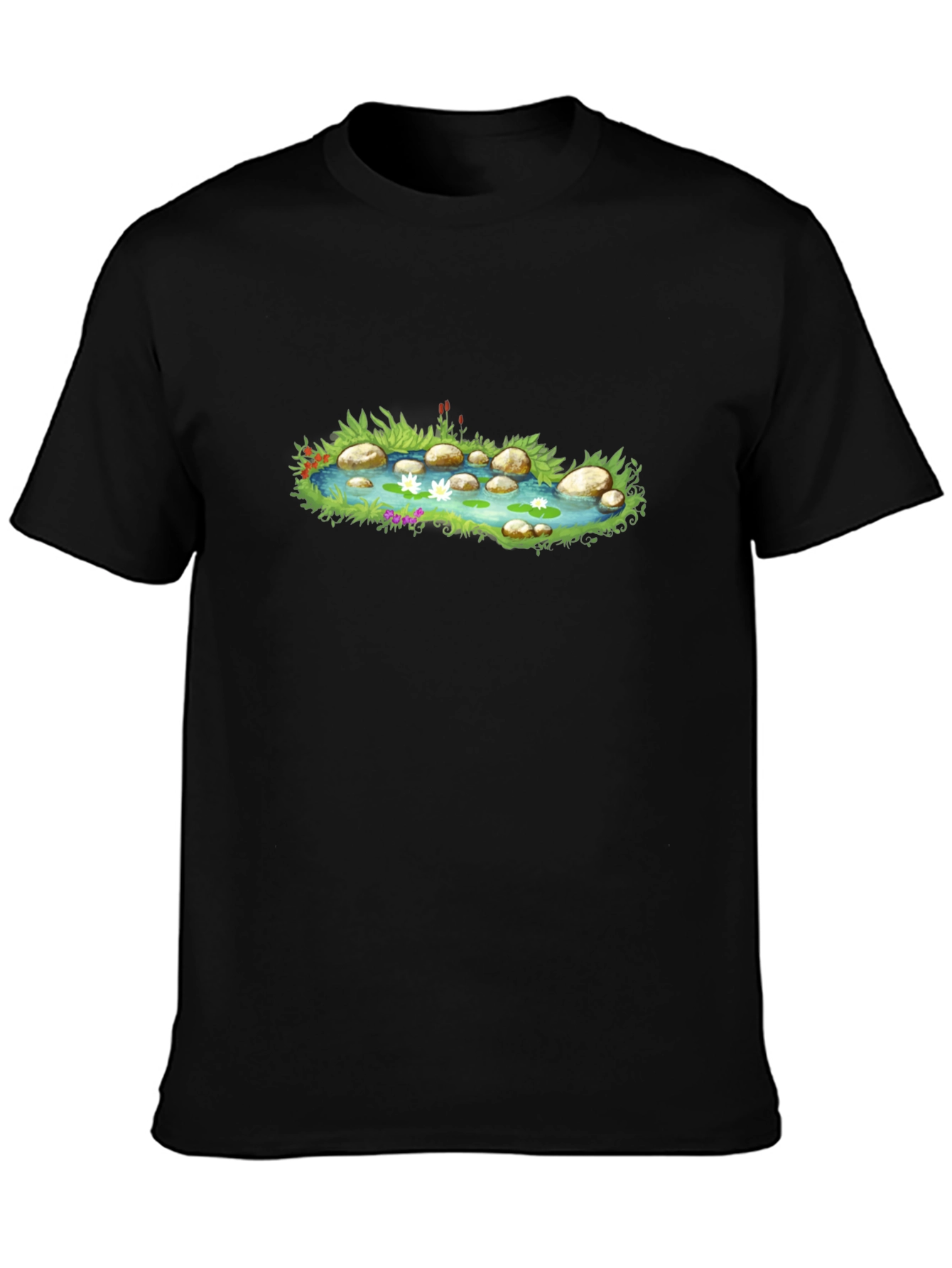 Pond Scene Graphic Tee - Black Cotton Blend T-Shirt