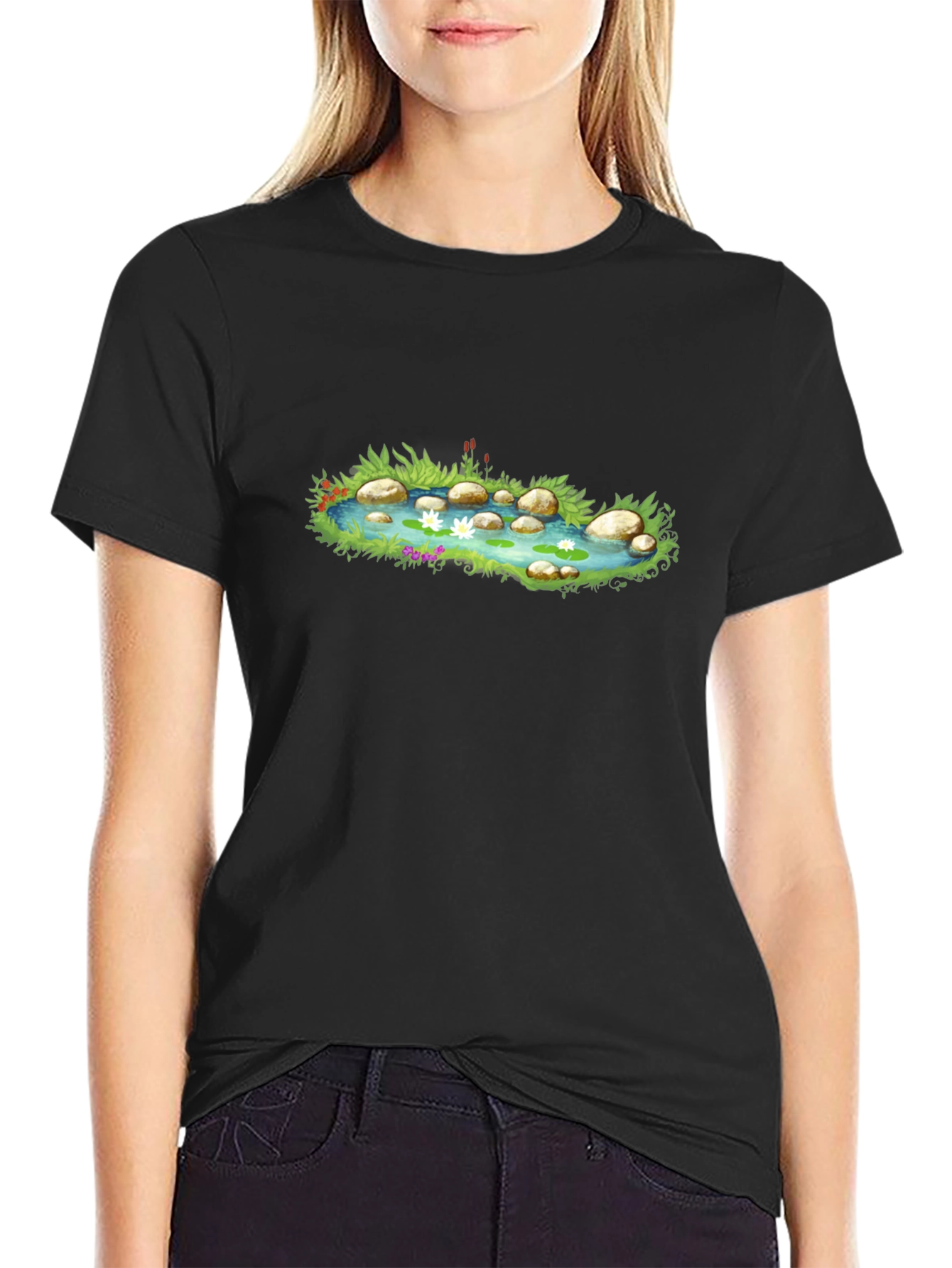 Pond Scene Graphic Tee - Black Cotton Blend T-Shirt
