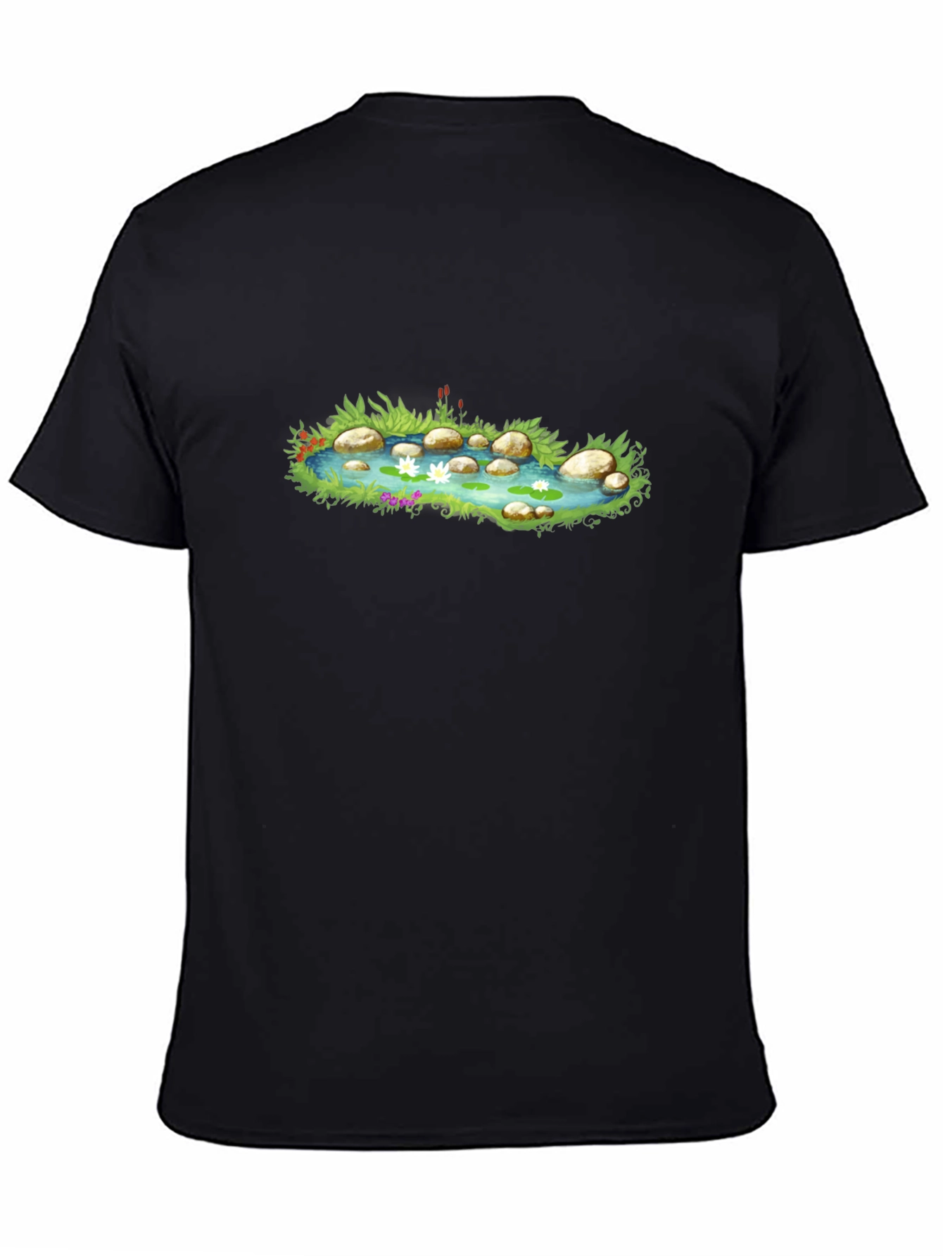 Pond Scene Graphic Tee - Black Cotton Blend T-Shirt