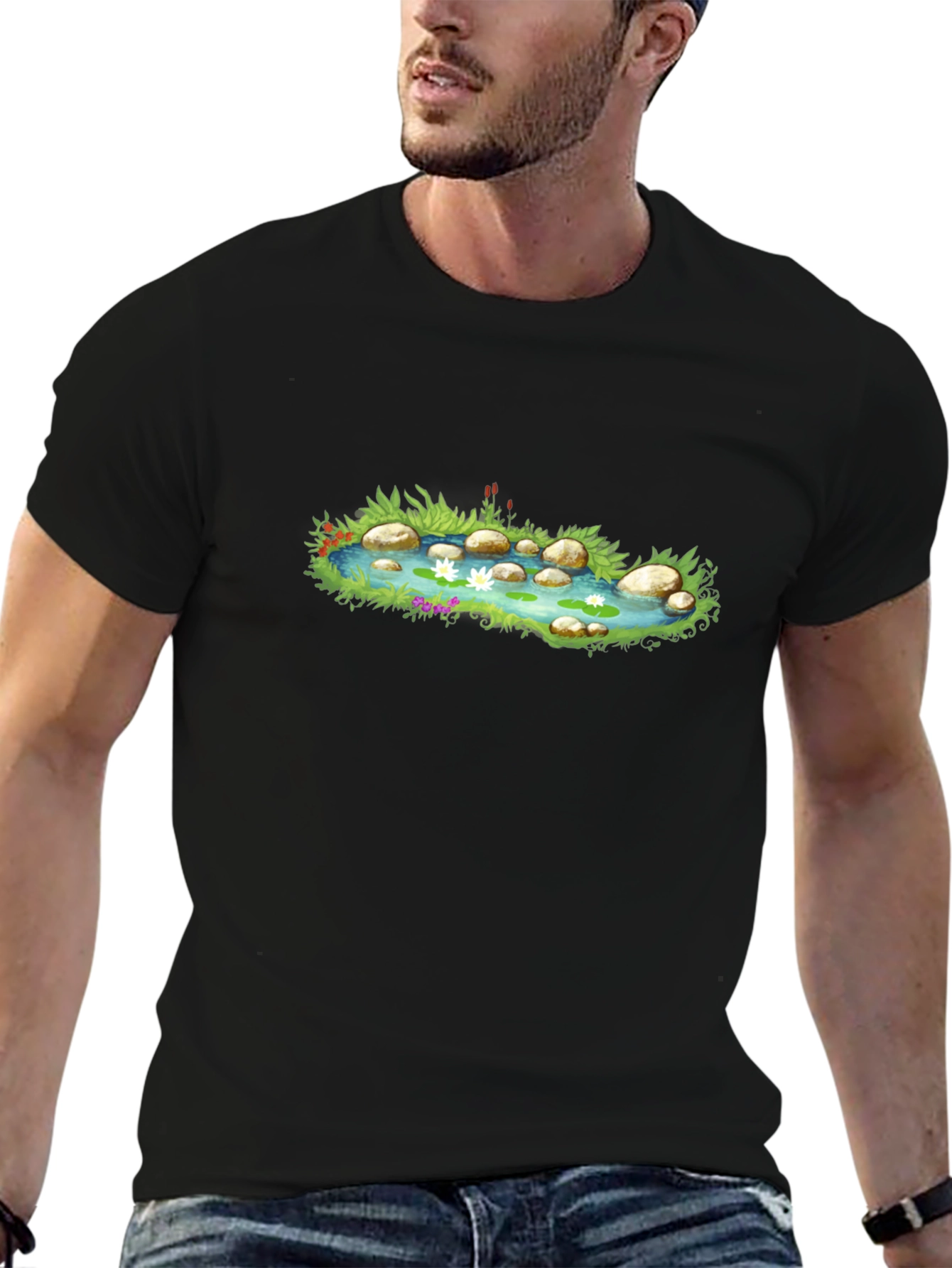 Pond Scene Graphic Tee - Black Cotton Blend T-Shirt
