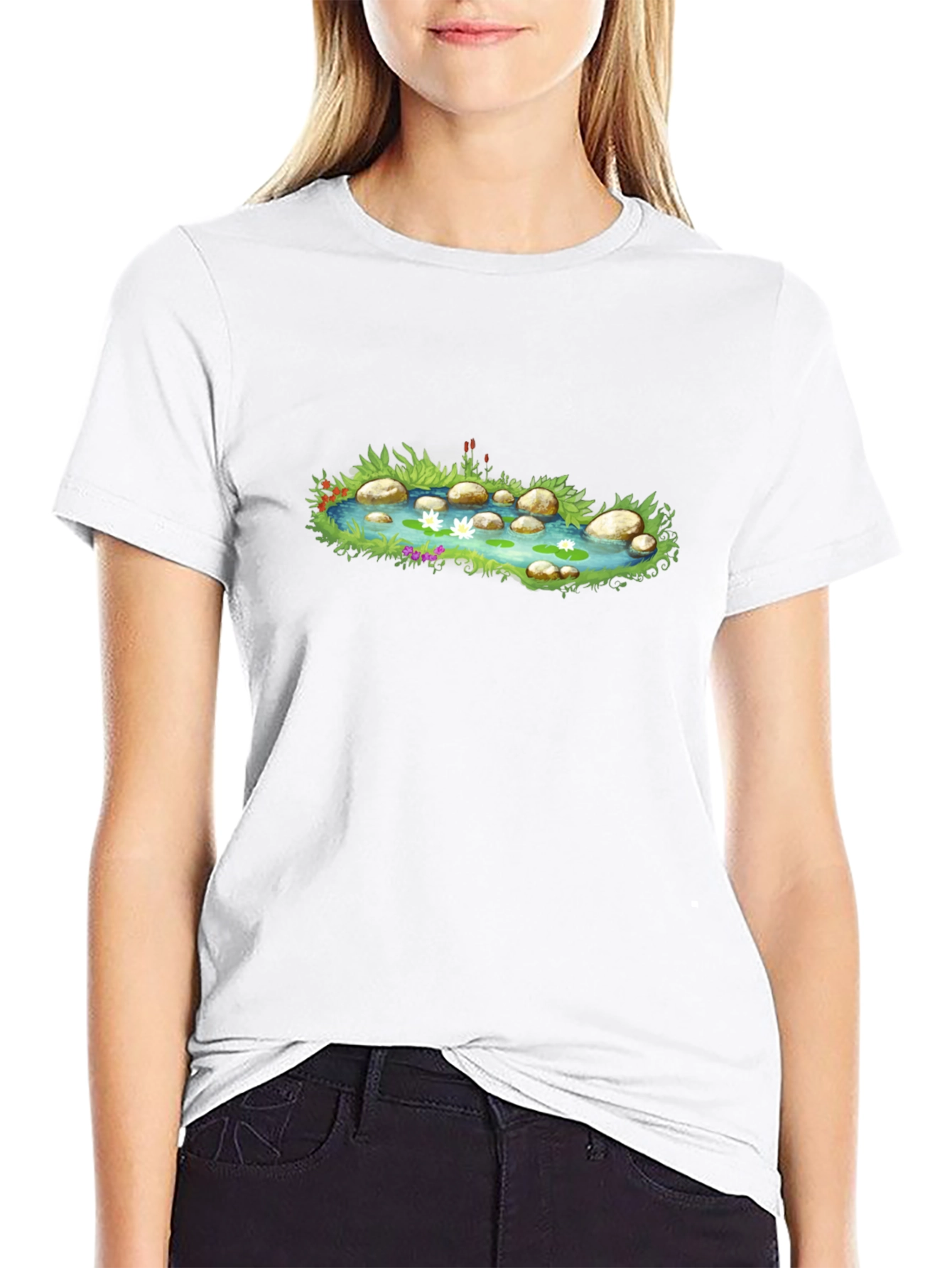 Pond Scene Graphic Tee - Black Cotton Blend T-Shirt