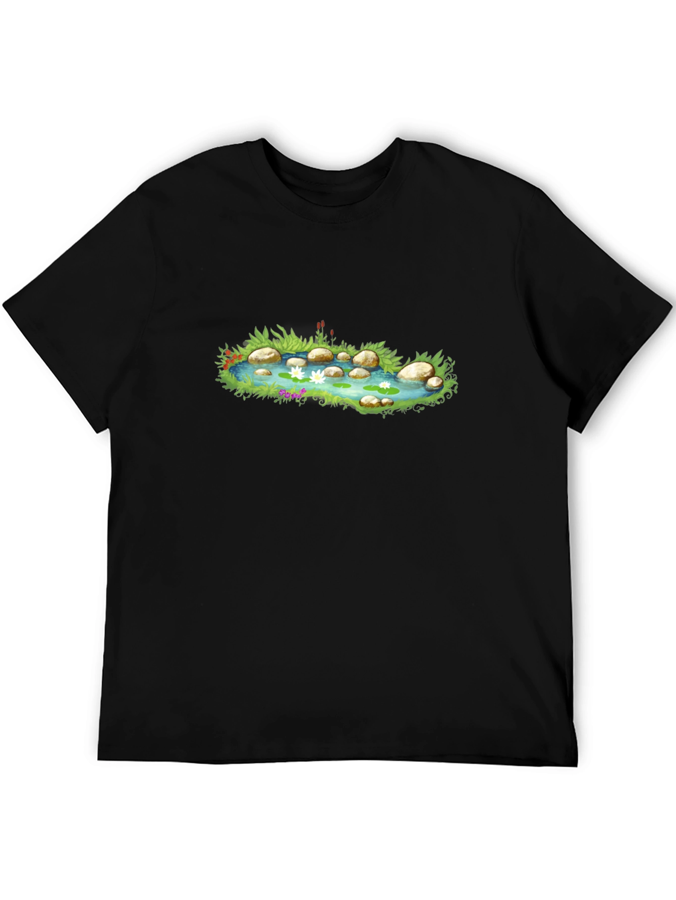 Pond Scene Graphic Tee - Black Cotton Blend T-Shirt