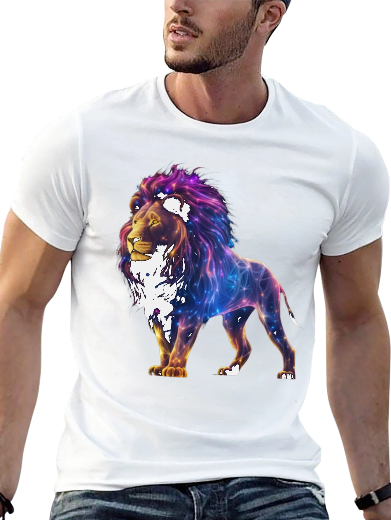 Lion Galaxy Graphic Print Black T-Shirt