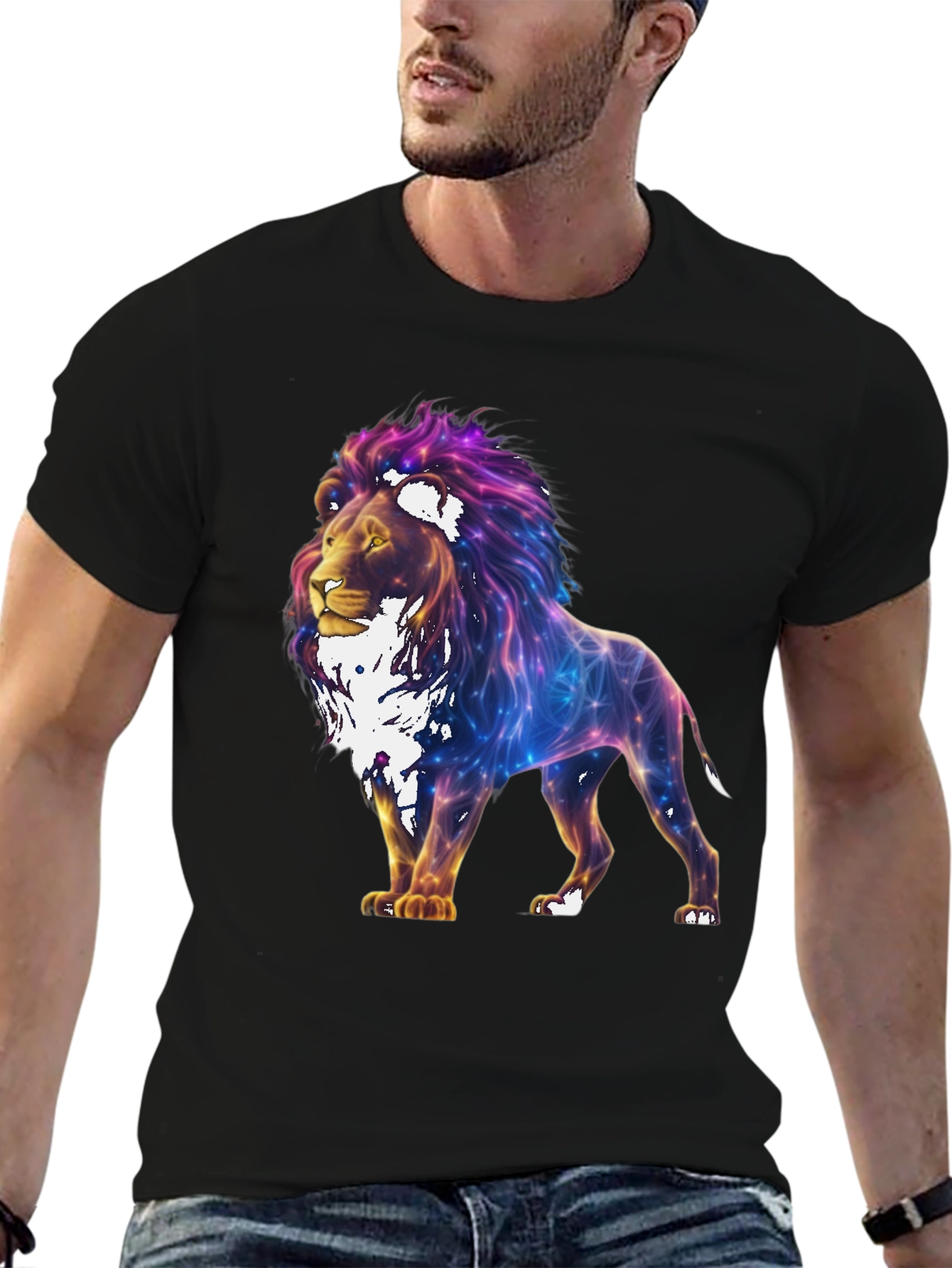 Lion Galaxy Graphic Print Black T-Shirt