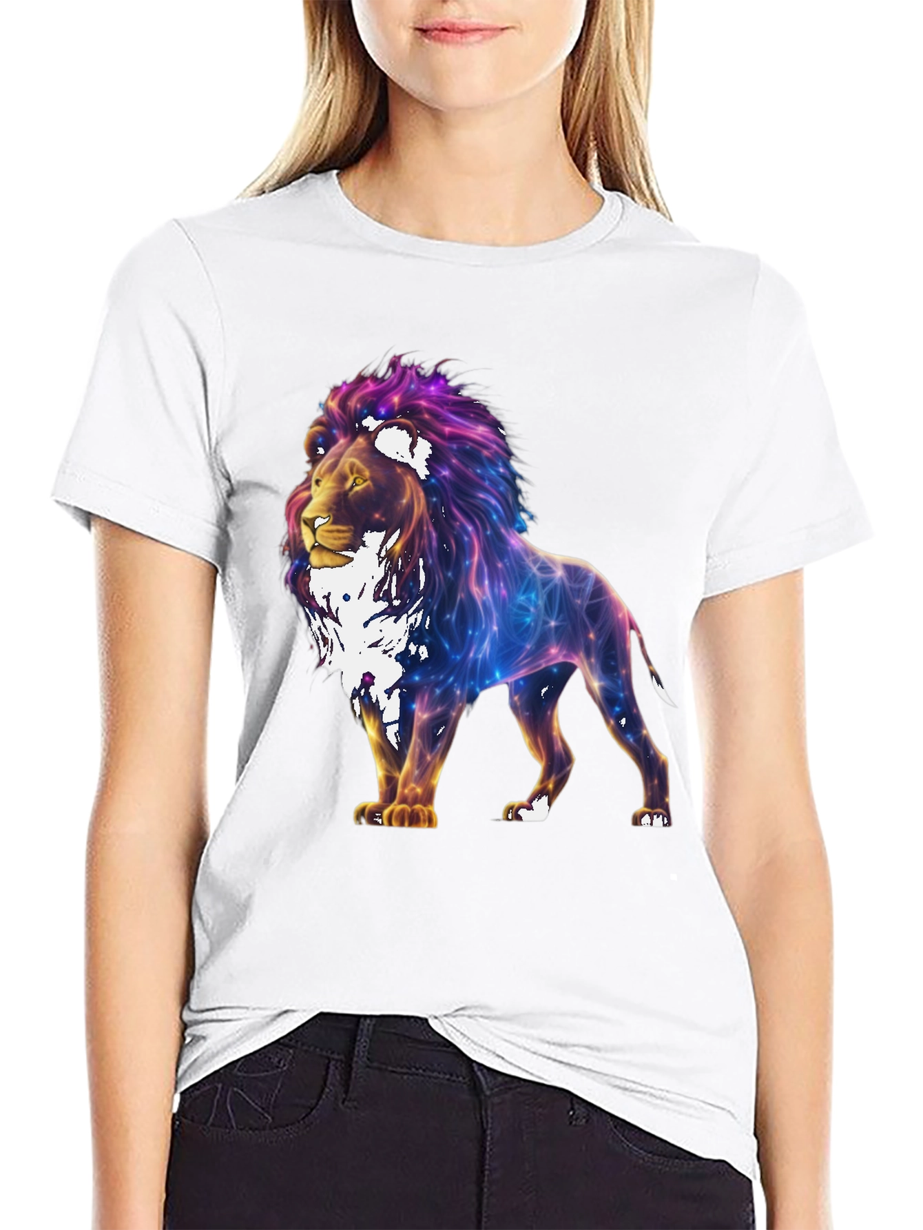Lion Galaxy Graphic Print Black T-Shirt