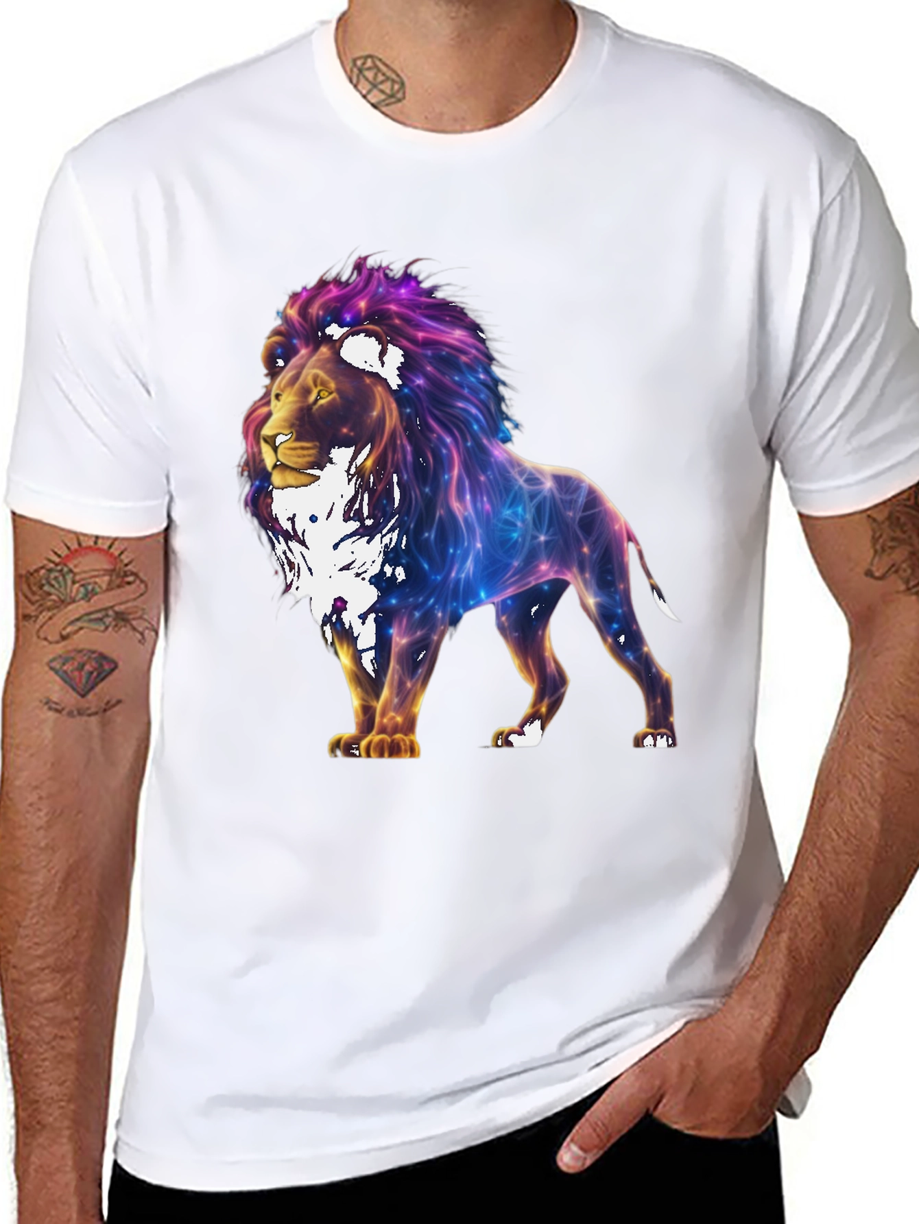 Lion Galaxy Graphic Print Black T-Shirt