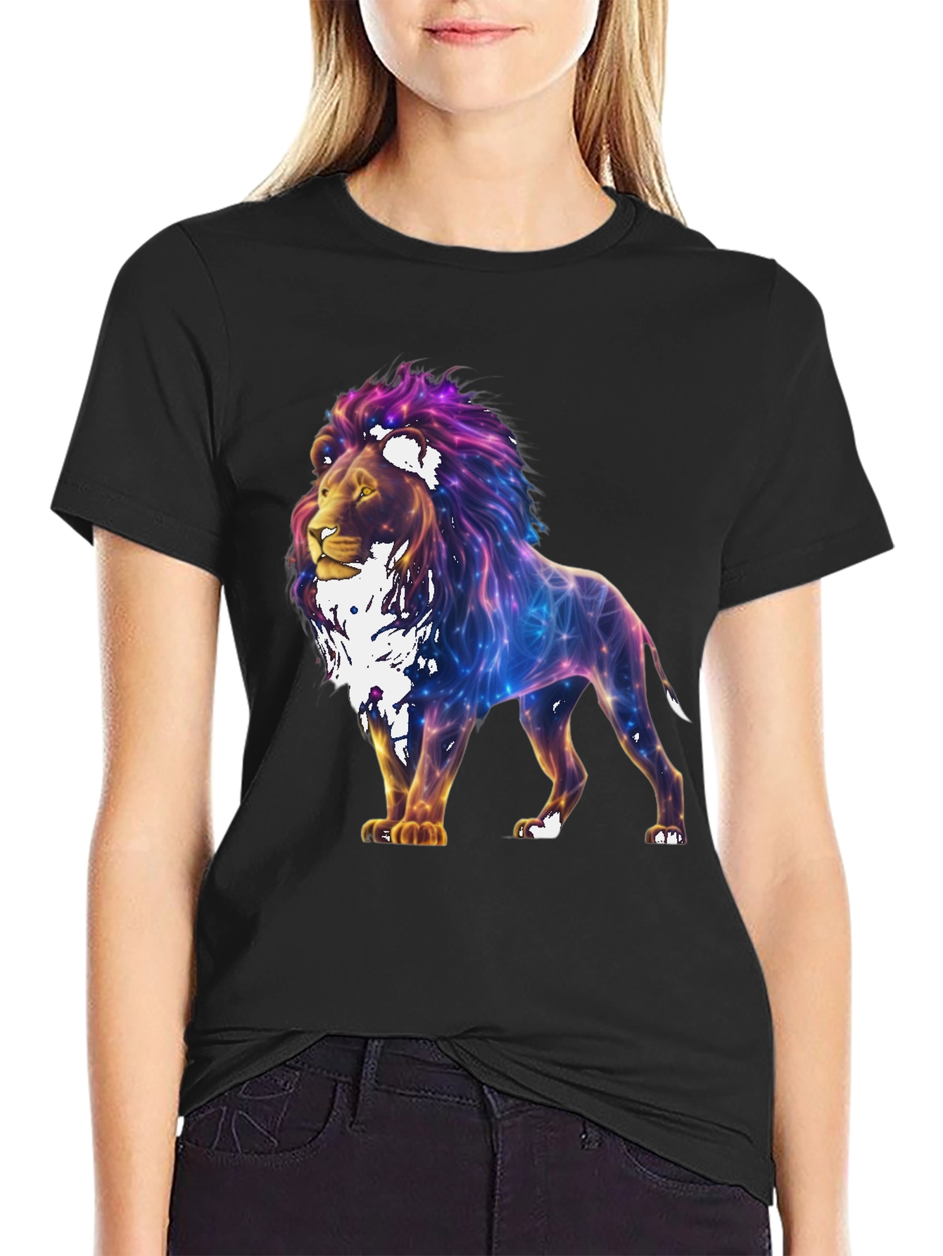 Lion Galaxy Graphic Print Black T-Shirt