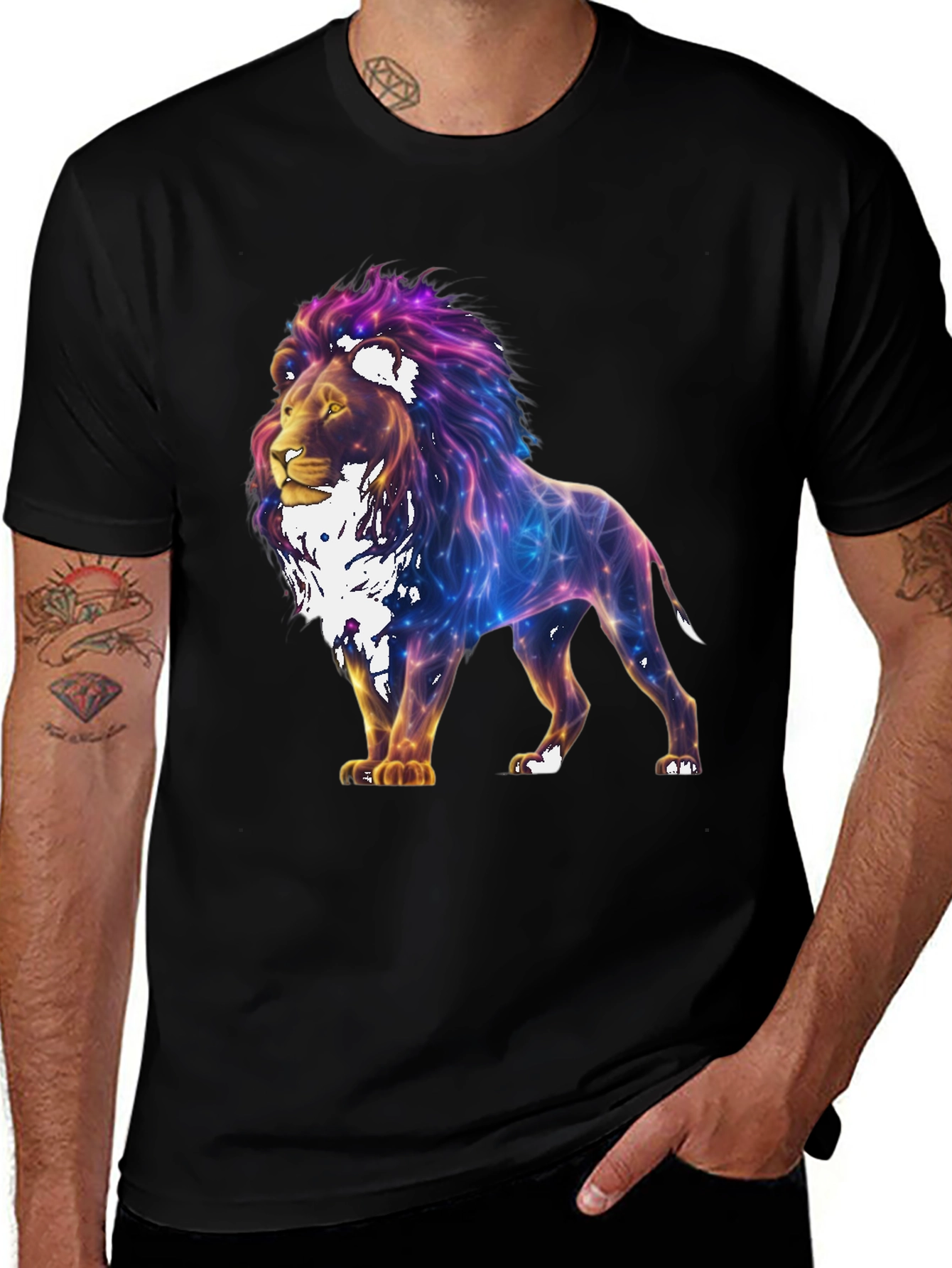 Lion Galaxy Graphic Print Black T-Shirt